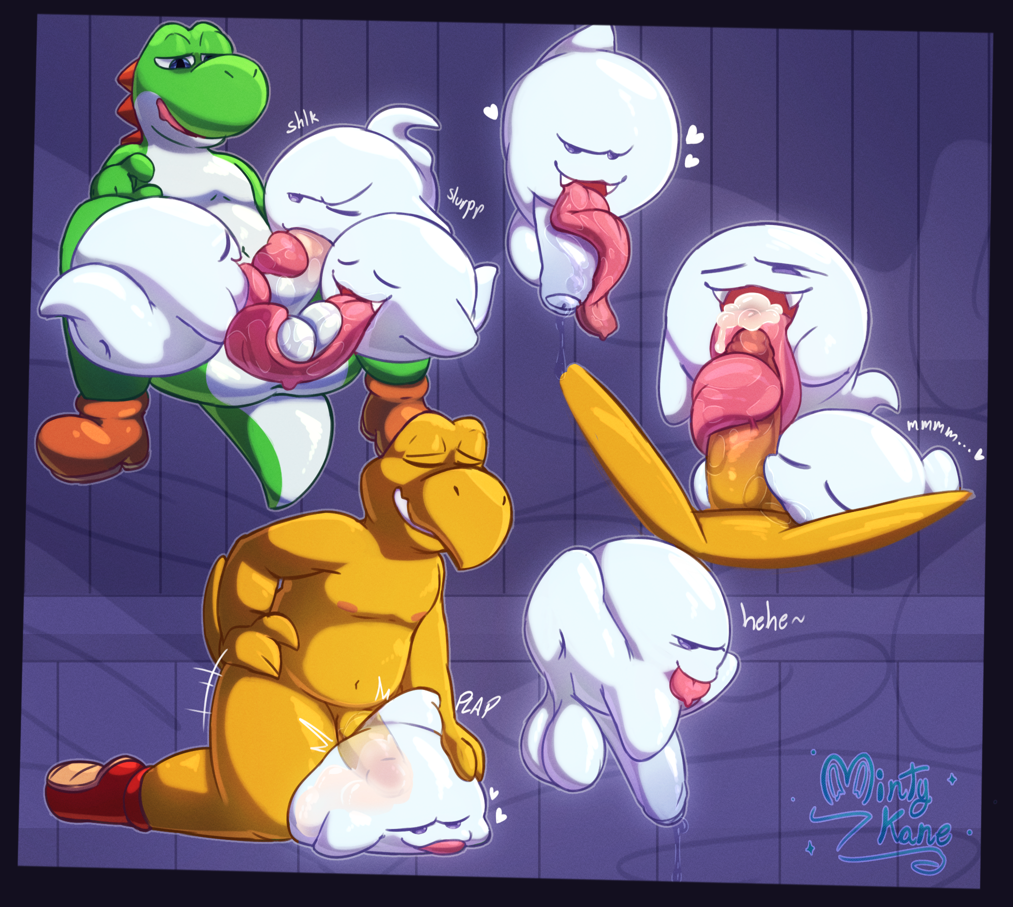 2026, 2boys, ambiguous gender, anal, anal penetration, anthro, anus, backsack, balls, bodily fluids, boo (mario), butt, cum, cum inside, digital drawing (artwork), digital media (artwork), dinosaur, duo, erection, fellatio, foursome, furry, furry male, genital fluids, genitals, ghost, ghost tail, group, group sex, hi res, humanoid genitalia, koopa, koopa troopa, licking, licking own penis, long tongue, looking at viewer, male, male penetrating, male/ambiguous, male/male, mario (series), minty kane, nintendo, nipples, nude, open mouth, oral, oral penetration, penetration, penile, penis, prehistoric species, reptile, scalie, sex, smile, solo, spirit, tail, teeth, text, threesome, tongue, tongue out, tonguejob, translucent, translucent body, trio, yoshi