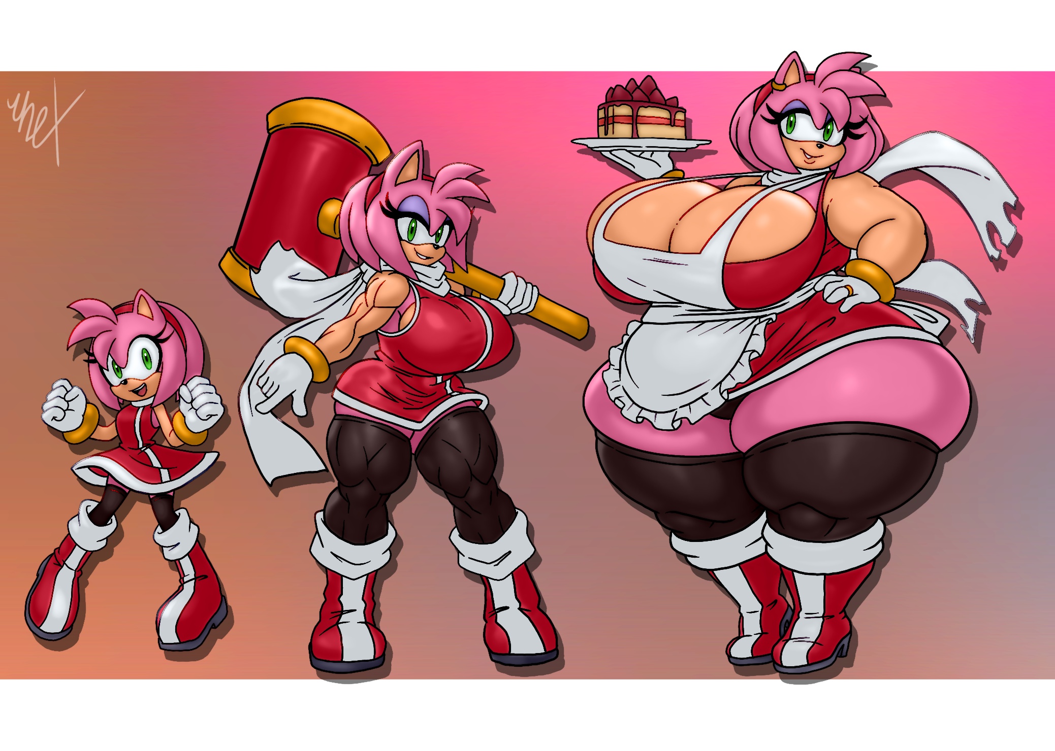 , 1girls, amy rose, anthro, apron, ass, boots, bracelet, breasts, cake, cleavage, earrings, eulipotyphlan, female, female focus, female only, furry, gloves, green eyes, hairband, hedgehog, hedgehog humanoid, hips, large ass, large breasts, mobian (species), muscular, muscular female, piko piko hammer, pink fur, pink hair, purple eyeshadow, ring, scarf, sega, skirt, sonic (series), sonic the hedgehog (series), stockings, thick thighs, thighs, unrealexpectation, wide hips