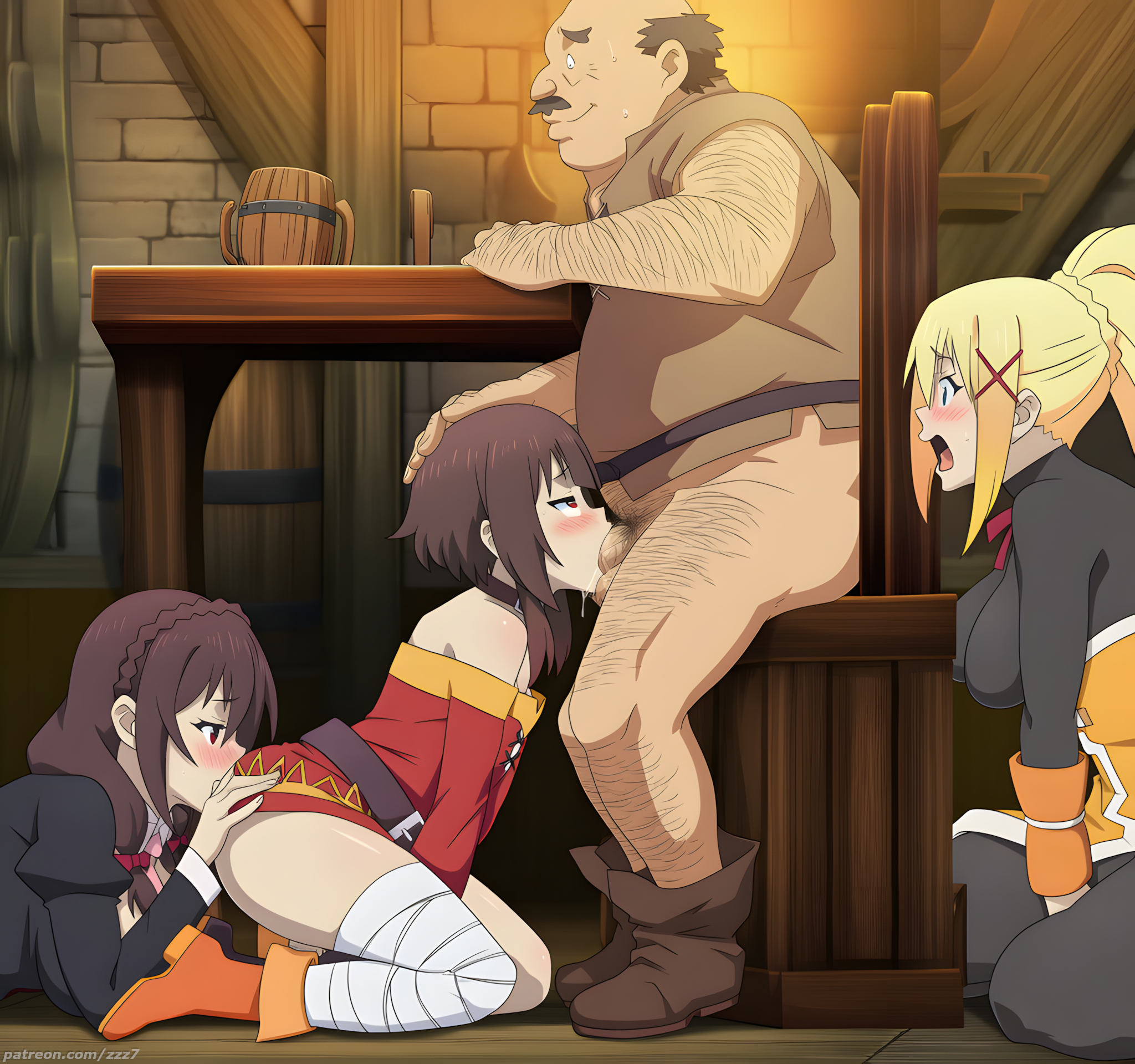 1boy, 3girls, age difference, ai generated, anilingus, ass, blowjob, blush, bottomless, caught, caught in the act, cunnilingus, darkness (konosuba), deepthroat, eating ass, fat male, fellatio, female, from side, hand on another's head, head grab, indoors, inn, kneeling, kono subarashii sekai ni shukufuku wo!, konosuba, lalatina dustiness ford, male, male pubic hair, mature male, megumin, multiple girls, obese male, on floor, oral, oral sex, penis, saliva, side view, sitting, staring, sucking, surprised, tavern, watching, watermark, yunyun (konosuba), zzz7
