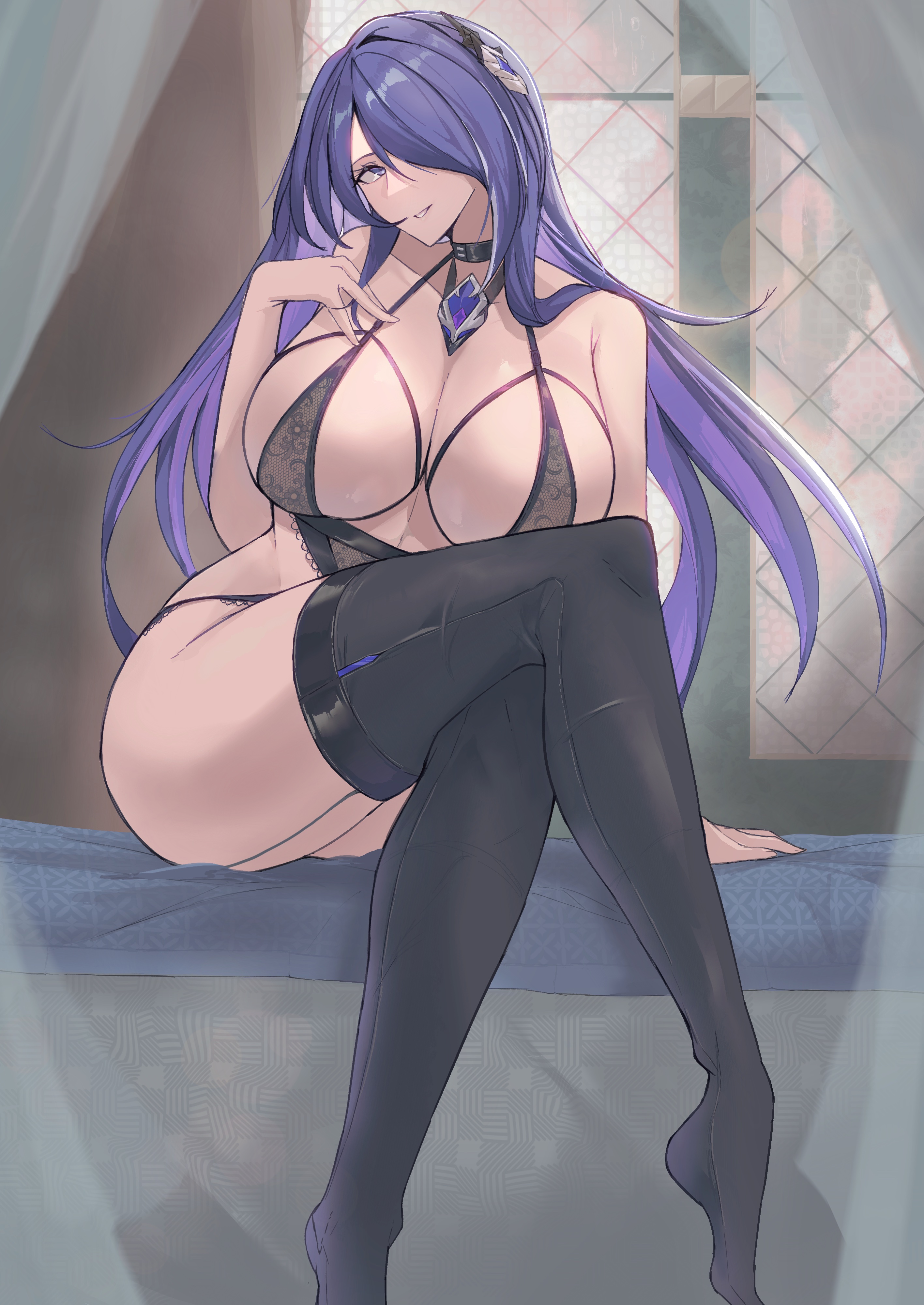 1girls, absurdres, acheron (honkai: star rail), beautiful woman, bikini, black thighhighs, breasts, calmgreentori, female, female only, hair over one eye, heavenly body, highres, honkai (series), honkai: star rail, large breasts, lingerie, long hair, mature woman, micro bikini, pinup, purple eyes, purple hair, swimsuit, teasing, thighhighs, thighs, underwear, voluptuous woman