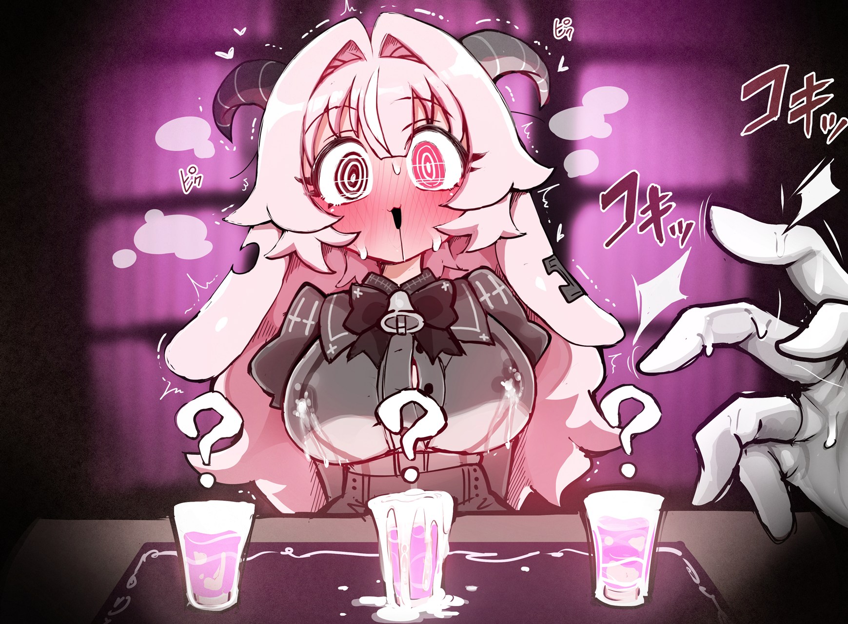 ?, 1girls, big breasts, color, drunken goddess reflux, female, female focus, femme soule, heterochromia, horn, horns, japanese text, lactation, lactation through clothes, light skin, looking at viewer, male, milk, pink eyes, pink hair, pov, pukey goddess shot trick, ram horn, ram horns, shikoripa, shot glass, steam, sweat, tagme, tanaka kusao, text, twitter link