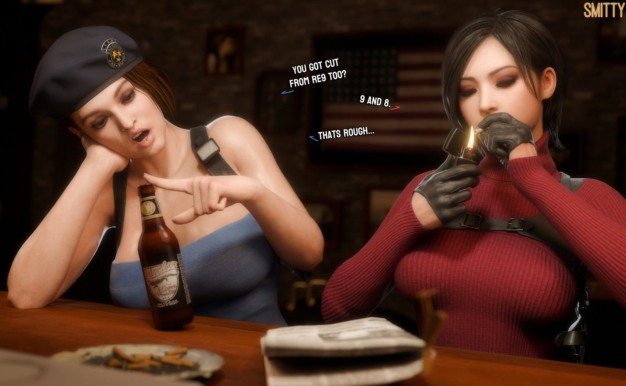 2girls, 3d, ada wong, asian female, big breasts, big thighs, black gloves, breasts, capcom, curvaceous, curvy, curvy figure, female, female only, gloves, hips, hourglass figure, huge breasts, human, human only, humor, indoors, jill valentine, large ass, large breasts, leather gloves, light skin, light-skinned female, mammal, mature, mature female, meta, open mouth, resident evil, resident evil 2, resident evil 3, resident evil 4, slim waist, smitty34, talking, text, thick, thick hips, thick legs, thick thighs, thighs, voluptuous, voluptuous female, waist, wide hips