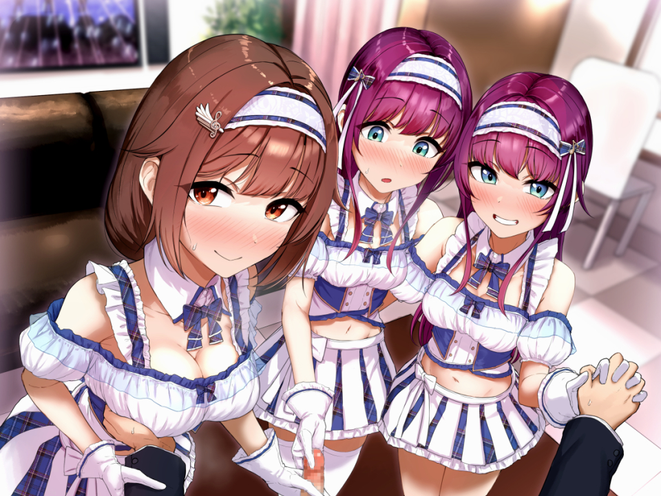 3girls aoi_tiduru bangs bare_shoulders blue_eyes blush breasts brown_eyes brown_hair censored cleavage commentary_request erection eyebrows_visible_through_hair gloves grin groping hair_ornament hairband interlocked_fingers long_hair looking_at_viewer midriff mosaic_censoring multiple_girls navel original penis pov purple_hair skirt smile sweatdrop television thighhighs white_gloves white_legwear