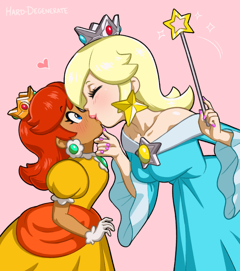 2girls, blonde hair, blue dress, blue eyes, breasts, brown hair, crown, darker skin, ear piercing, hard-degenerate, kissing, lesbian kiss, mario (series), pink nails, princess daisy, princess rosalina, princesses, super mario bros., super mario galaxy, wand, wholesome, yellow dress, yuri