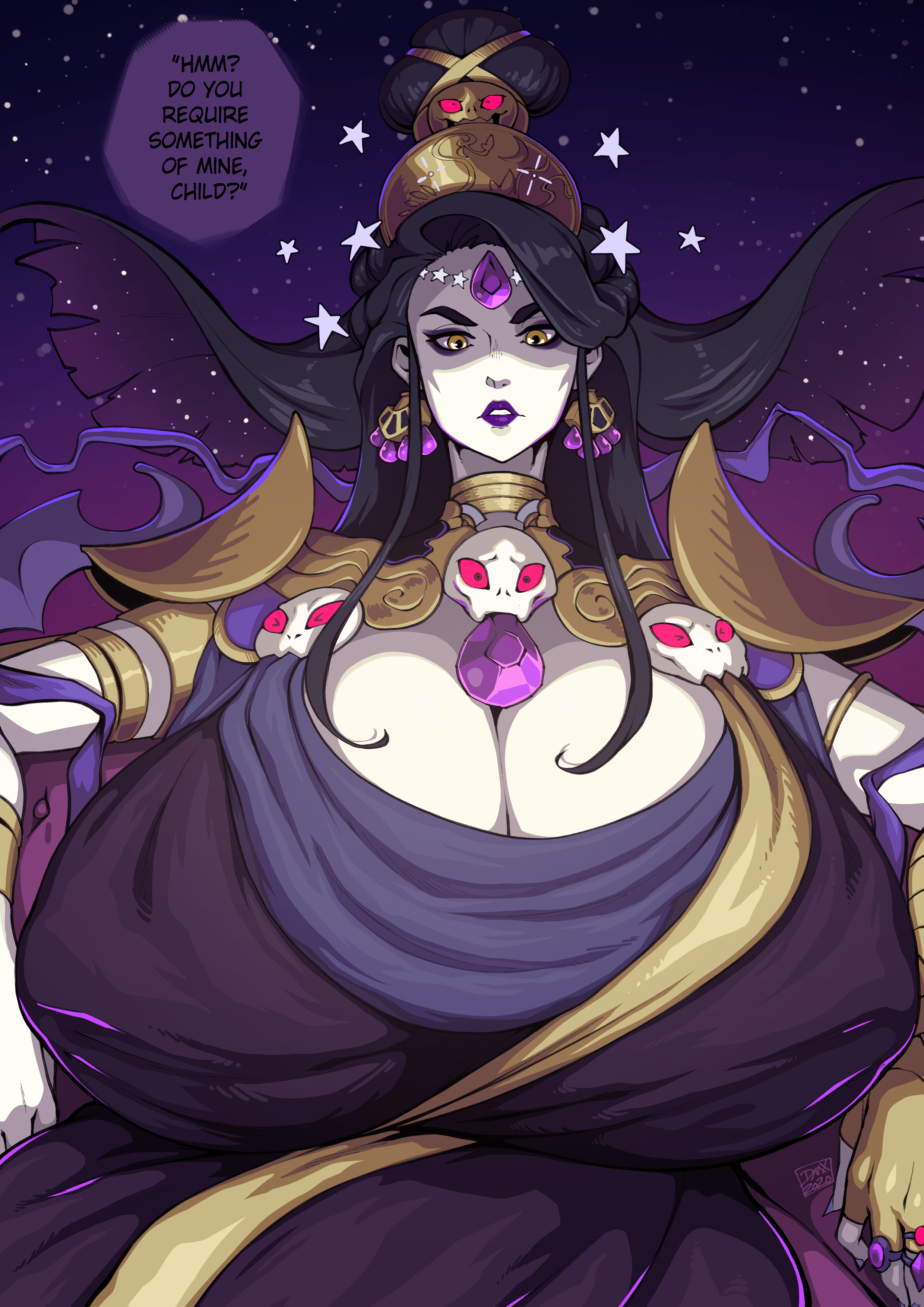1girls, alternate breast size, big breasts, black hair, breasts, dmxwoops, english text, female, gigantic breasts, hades (game), huge breasts, large breasts, mature, mature female, nyx (hades), speech bubble, text, zagreus