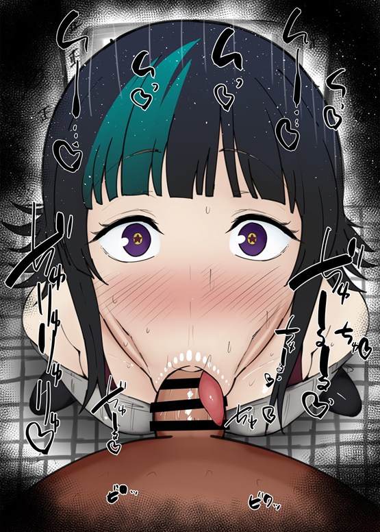 :>=, 2boys, bare shoulders, big penis, black hair, blowjob, blush, censored, detailed background, drooling, eyelashes, fellatio, female, green hair, heart, hoshi kirara, human, indoor, inside, jujutsu kaisen, kurotama, looking at viewer, male, male focus, male/male, multicolored hair, oral, oral sex, penis, purple hair, receiver pov, receiving pov, room, saliva, shiny, shiny skin, short hair, sound effects, squatting, star-shaped pupils, sweat, text, tongue out, vein, veins, veiny, veiny penis