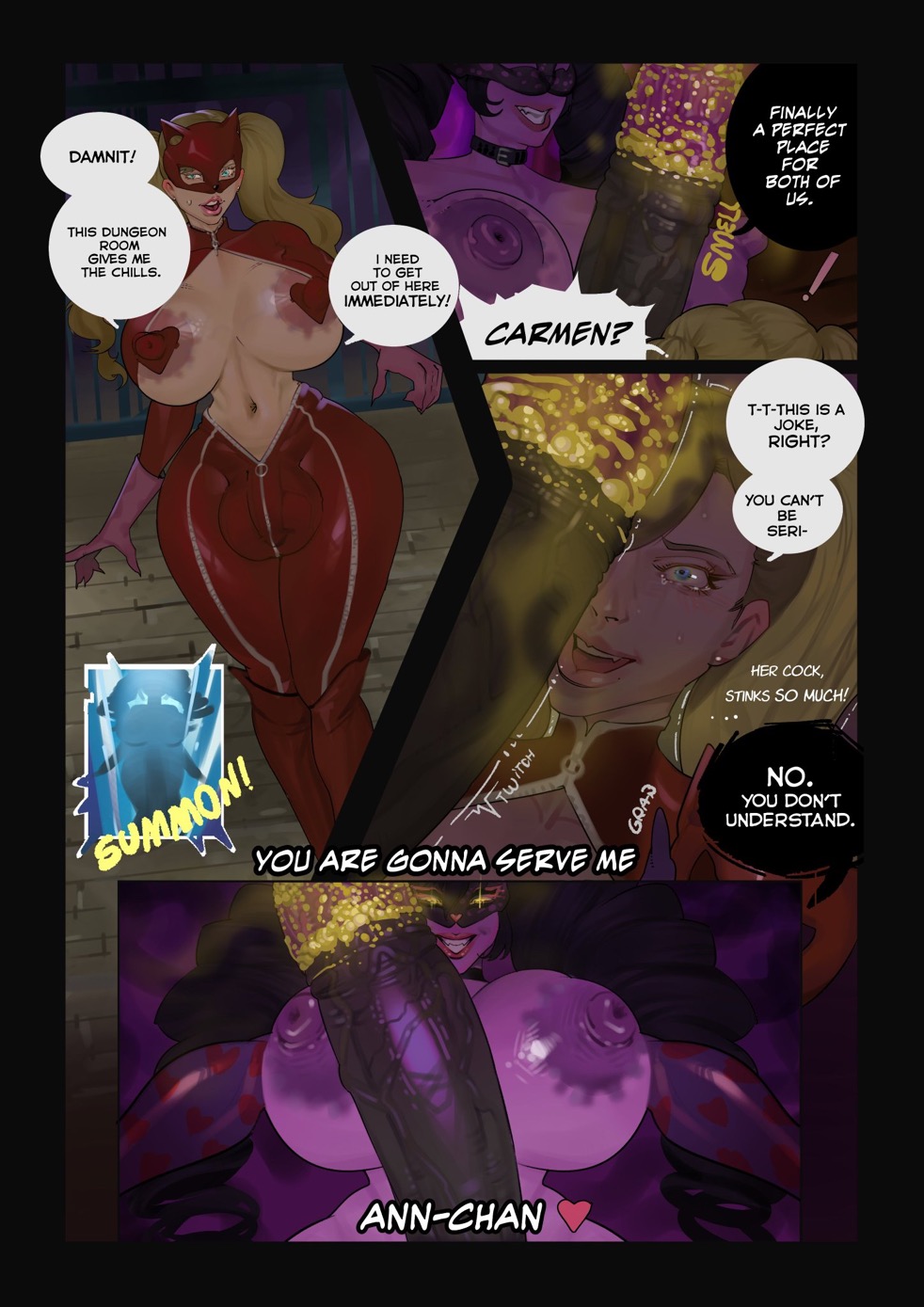2futas, ann takamaki, ann takamaki (panther), blonde hair, boobs out, breasts out, carmen (megami tensei), collar, comic, commission, dialogue, dungeon, futa on futa, futa only, futanari, futanari only, heart nipples, huge breasts, long penis, looking at penis, mask, masked, masked female, onomatopoeia, penis, penis awe, penis size difference, persona, persona 5, pink gloves, pink skin, smegma, stinky, summon, summoning, text bubble, topless, zyldark