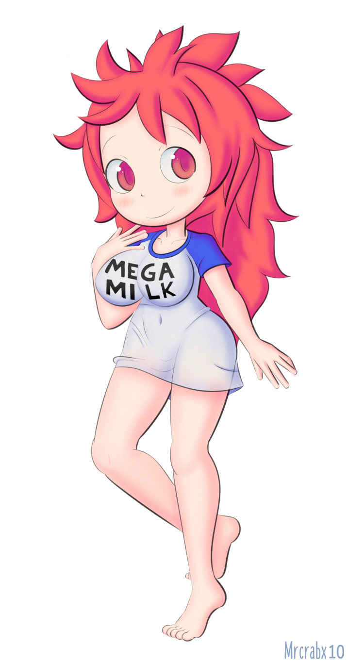 1girls alternate_breast_size barefoot big_breasts blush breasts cute female female_only full_body light_skin loose_clothes made_in_abyss mega_milk meme mitty mrcrabx10 no_pants red_eyes red_hair simple_background smile solo solo_female t-shirt white_background