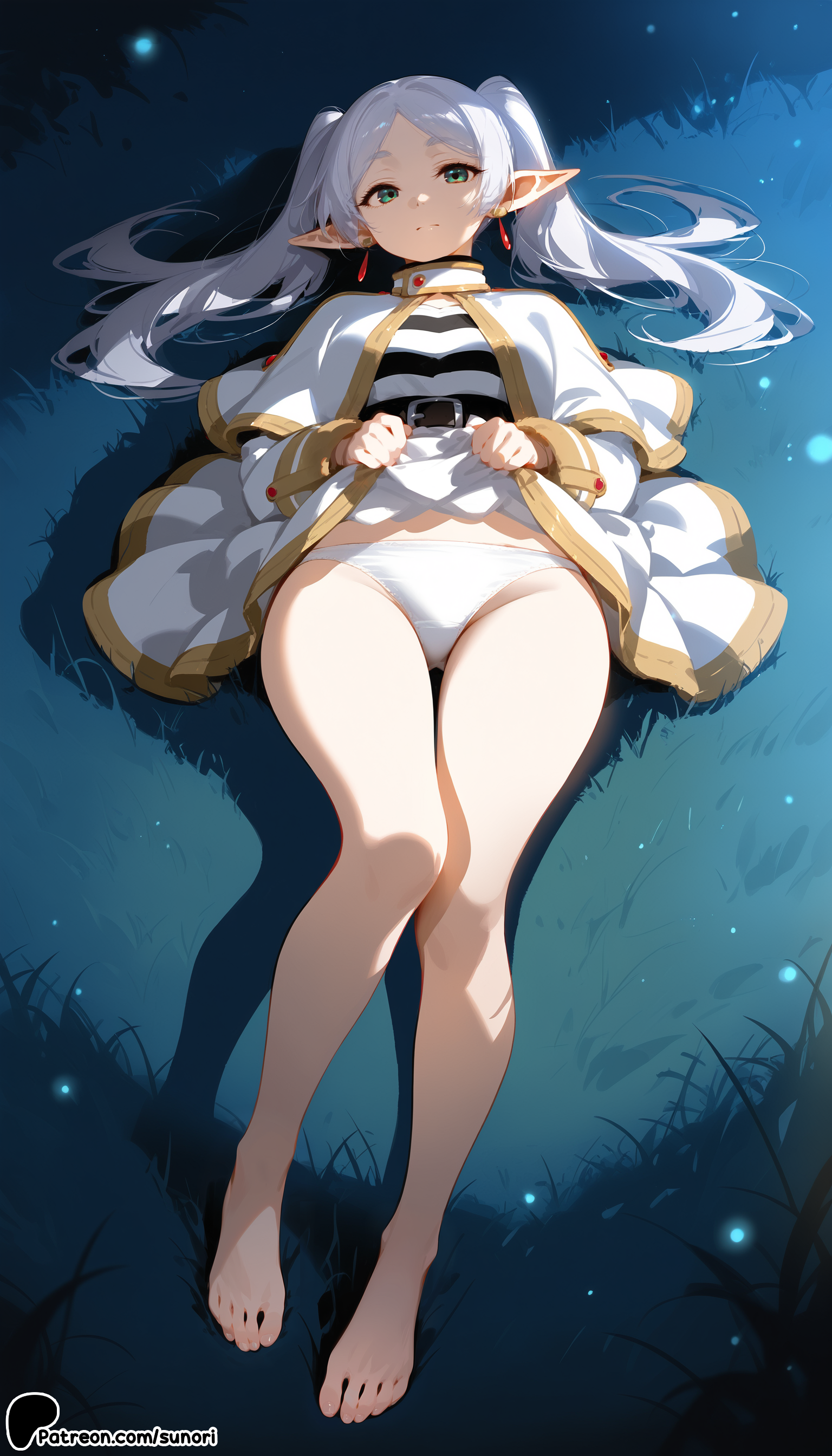 1girl, ai generated, barefoot, earrings, elf, female, female only, fireflies, forest, frieren, grass, jewelry, long hair, nature, night, pointy ears, solo, sousou no frieren, sunori, tree