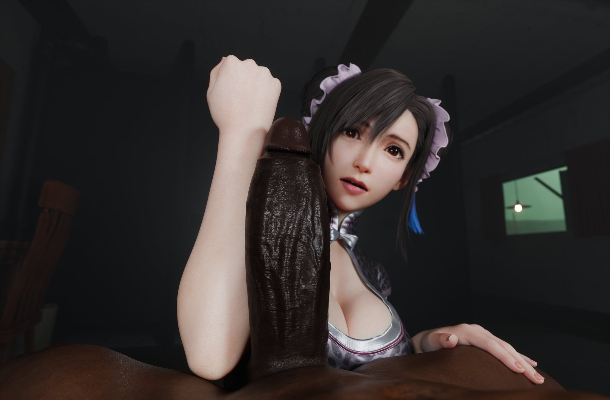 1boy, 1girls, 3d, asian female, black hair, cleavage, clothed female, clothed female nude male, cock worship, dark-skinned male, derpderp, final fantasy, final fantasy vii, final fantasy vii remake, forearm cock, imminent fellatio, imminent oral, interracial, large breasts, large penis, light-skinned female, looking at partner, nude male, penis awe, red eyes, shocked expression, submissive female, tifa lockhart, veiny penis