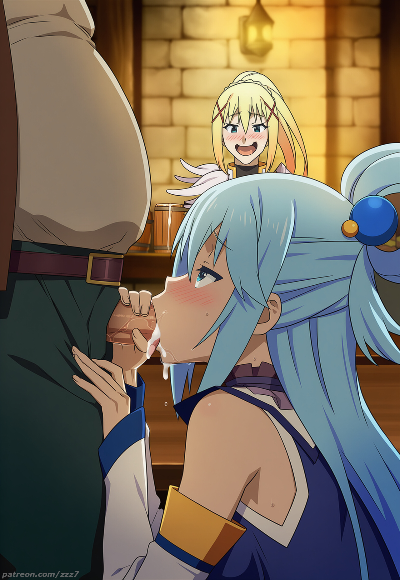 1boy, 1girl, 1girls, 2girls, ahoge, ai generated, aqua (konosuba), blowjob, blush, caught, caught in the act, cum, cum in mouth, cum on chin, darkness (konosuba), deepthroat, dripping cum, excited, fat male, fellatio, handjob, indoors, inn, kono subarashii sekai ni shukufuku wo!, konosuba, lalatina dustiness ford, lustful gaze, naughty face, obese male, oral, oral sex, penis, penis out, playful, seductive, staring, swallowing, tavern, tongue, walked in on, watching, watermark, zzz7