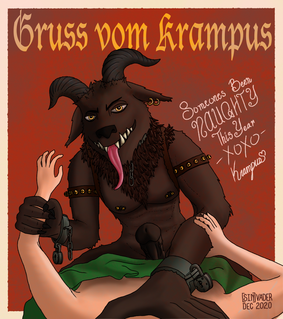 2020 [in]vader anthro arm_grab armband bedding bell blanket bovid brown_body brown_fur caprine caprine_demon chains christmas collar demon domination duo ear_piercing english_text erection first_person_view floppy_ears fluffy fur genitals german_text goat goat_horns grin holidays horn human human_on_anthro imminent_rape imminent_sex interspecies iron_cuffs jingle_bell krampus leather leather_straps lock long_tongue looking_at_viewer male male/male male_domination mammal metal_collar neck_grab neck_tuft nipple_piercing nipples nude padlock penis piercing questionable_consent shackles sharp_teeth signature sitting sitting_on_person size_difference smile submissive submissive_male submissive_pov teeth text tongue tongue_out tuft yellow_eyes