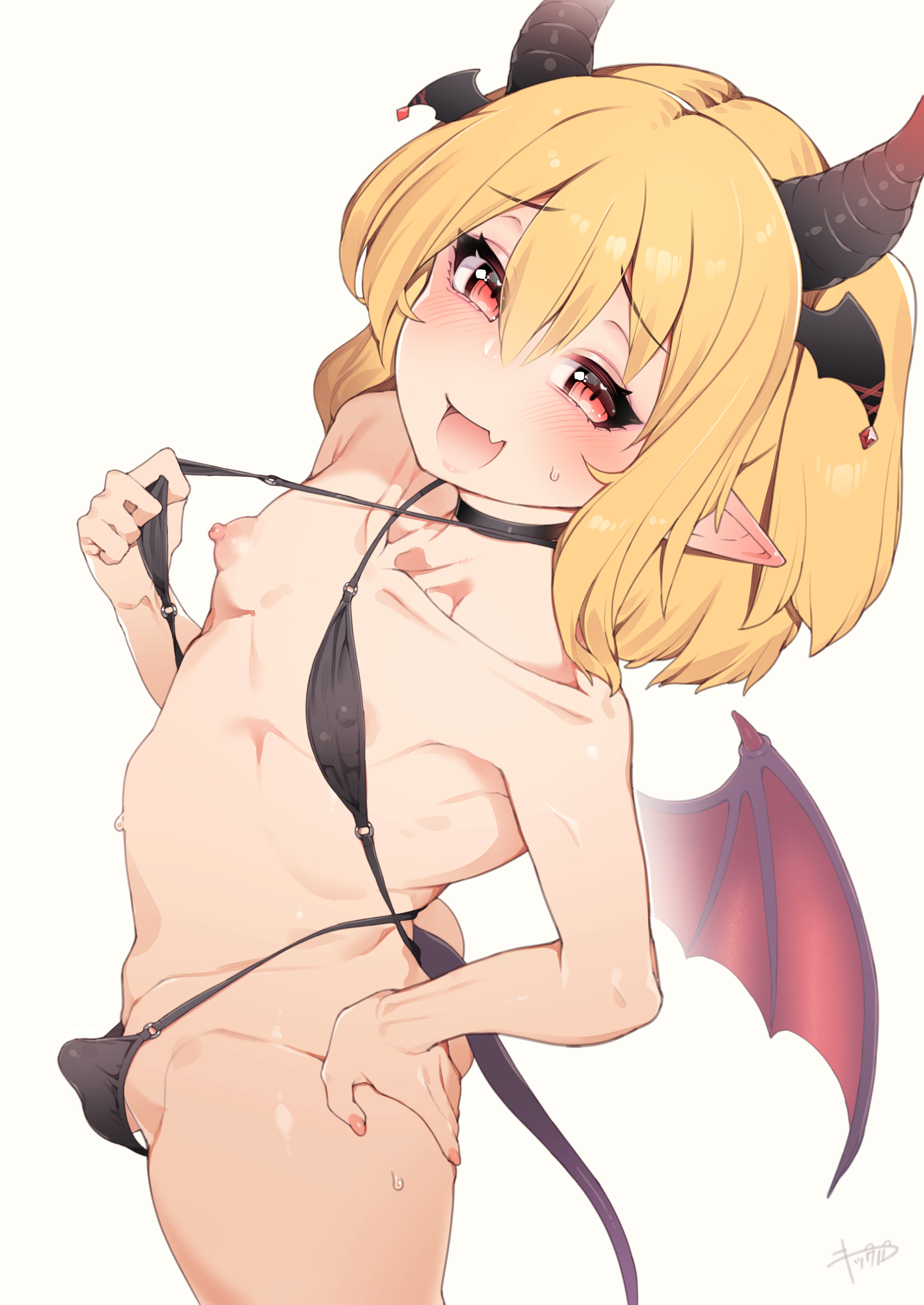 1boy, barely clothed, bat wings, bat wings on head, blonde hair, brat, bulge, collarbone, crossdressing, cute fang, demon boy, demon horns, demon tail, femboy, hair accessory, hand on hip, looking at viewer, male, micro slingshot swimsuit, nyakkuru, original character, otoko no ko, pointy ears, red eyes, revealing clothes, showing nipple, showing off, skinny, slender body, small penis, smug, solo, tail, teasing viewer, trap, very high resolution