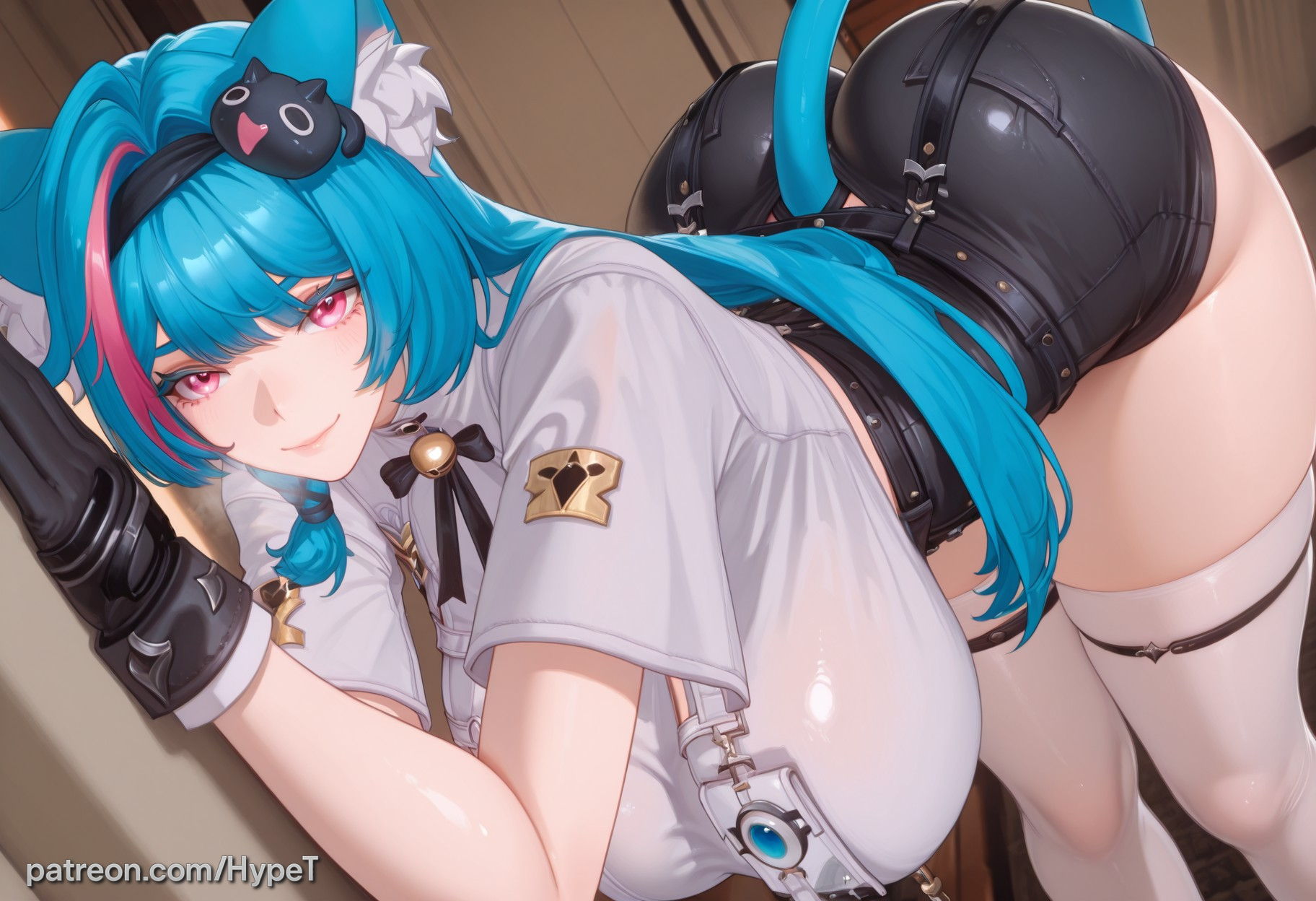 1girl, ai generated, alternate version at source, bent over, big breasts, blue hair, cat ears, cat girl, cat tail, female, female only, huge breasts, hypet, indoors, long hair, mint (neverness to everness), neverness to everness, shiny, shiny skin, steam, steaming body, stockings, tagme, tail, thick, thick ass, thick hips, thick legs, thick thighs, thighs, wide hips
