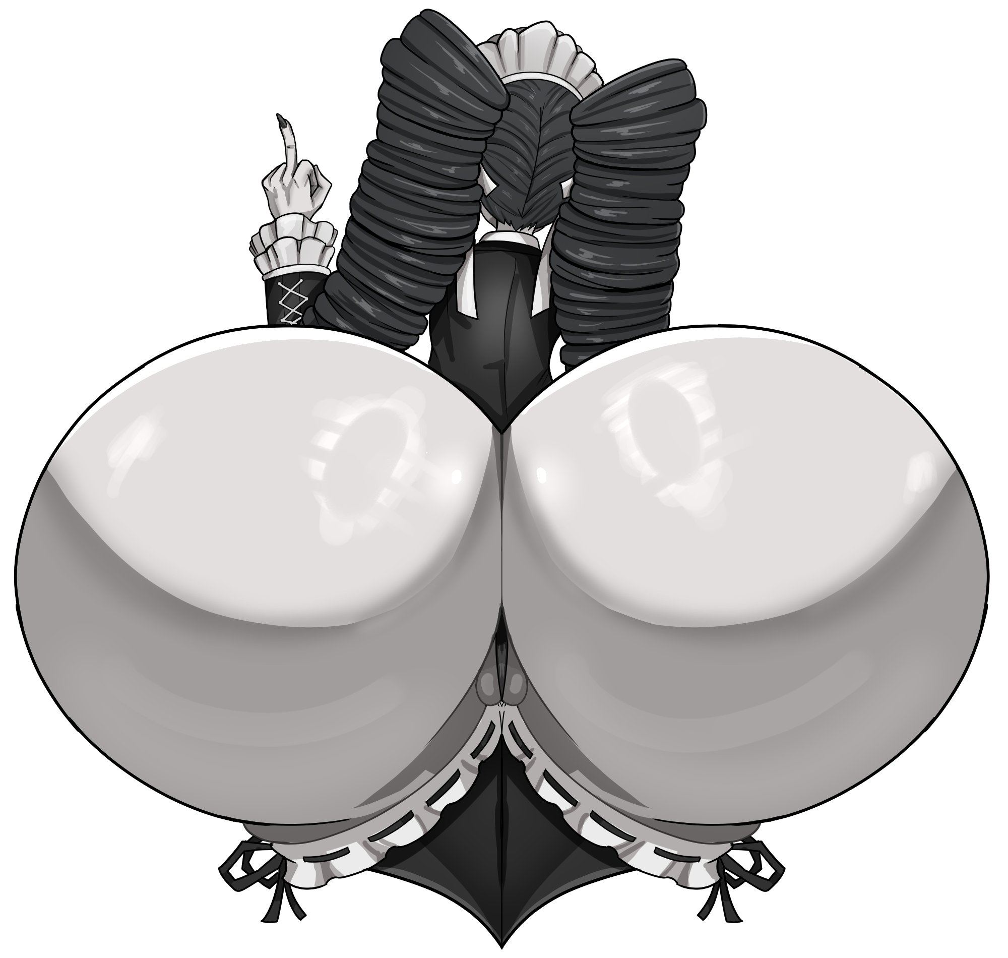 1girls, ass, ass bigger than head, ass body, ass focus, big ass, black hair, bottom heavy, bottomless, bottomless female, bubble ass, bubble butt, celestia ludenberg, clothing, curvaceous, curvaceous ass, curvaceous female, curvy, curvy female, curvy figure, danganronpa, danganronpa: trigger happy havoc, fat ass, female, female focus, female only, gigantic ass, goth, goth girl, gothic girl, grey skin, grey skinned female, huge ass, hyper, hyper ass, hyper hips, large ass, long hair, looking at viewer, massive ass, massive booty, middle finger, nsfwartzone, pale skin, pale-skinned female, red eyes, shiny ass, shiny skin, solo, thick ass, thick thighs, twin drills, twintails, voluptuous, voluptuous ass, voluptuous body, voluptuous breasts, voluptuous female, wide hips