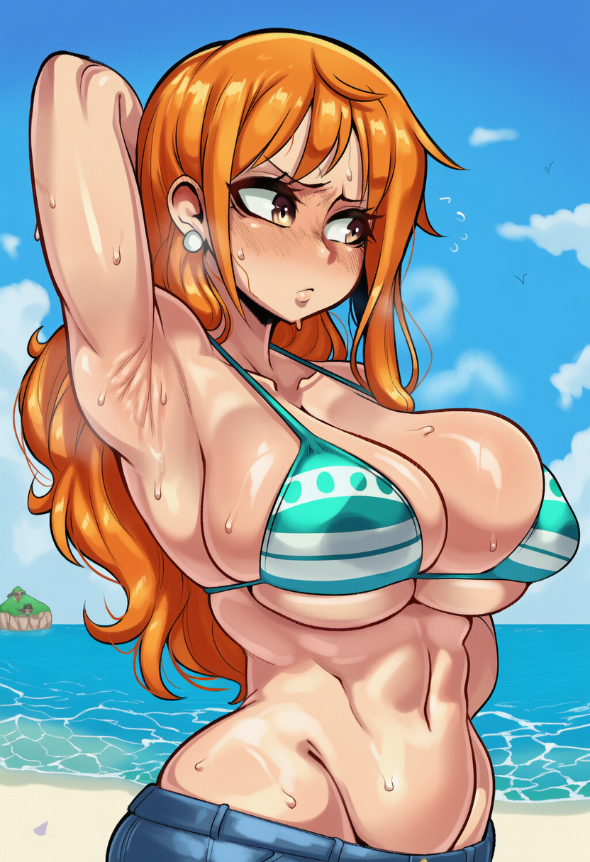 armpits arm_up one_arm_up armpit_fetish armpit_peek armpit_focus showing_armpits blush embarrassed looking_aside looking_away looking_to_the_side sweat sweaty_body sweaty steam steaming_body smelly_armpits 1girls solo female_only female_focus standing upper_body lower_body_out_of_frame female ai_generated hibiki120 hi_res 2d beach light-skinned_female nami_(one_piece) one_piece long_hair orange_eyes bikini green_bra blue_shorts shorts