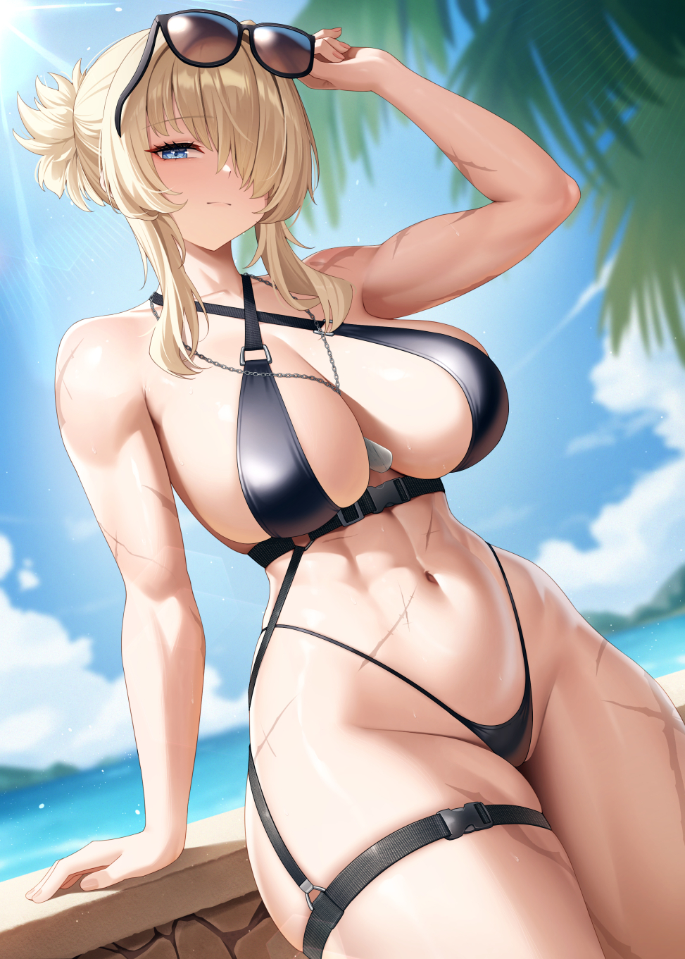 1girl, alternate costume, arm up, bare arms, bare shoulders, blonde hair, blue eyes, blue sky, blush, breasts, closed mouth, day, dog tags, eyewear on head, female, female only, goddess of victory: nikke, grave (nikke), hair over one eye, highres, large breasts, looking at viewer, navel, one eye covered, outdoors, scar, sideboob, sidelocks, sky, solo, stomach, sunglasses, thigh strap, thighs, wei xiao
