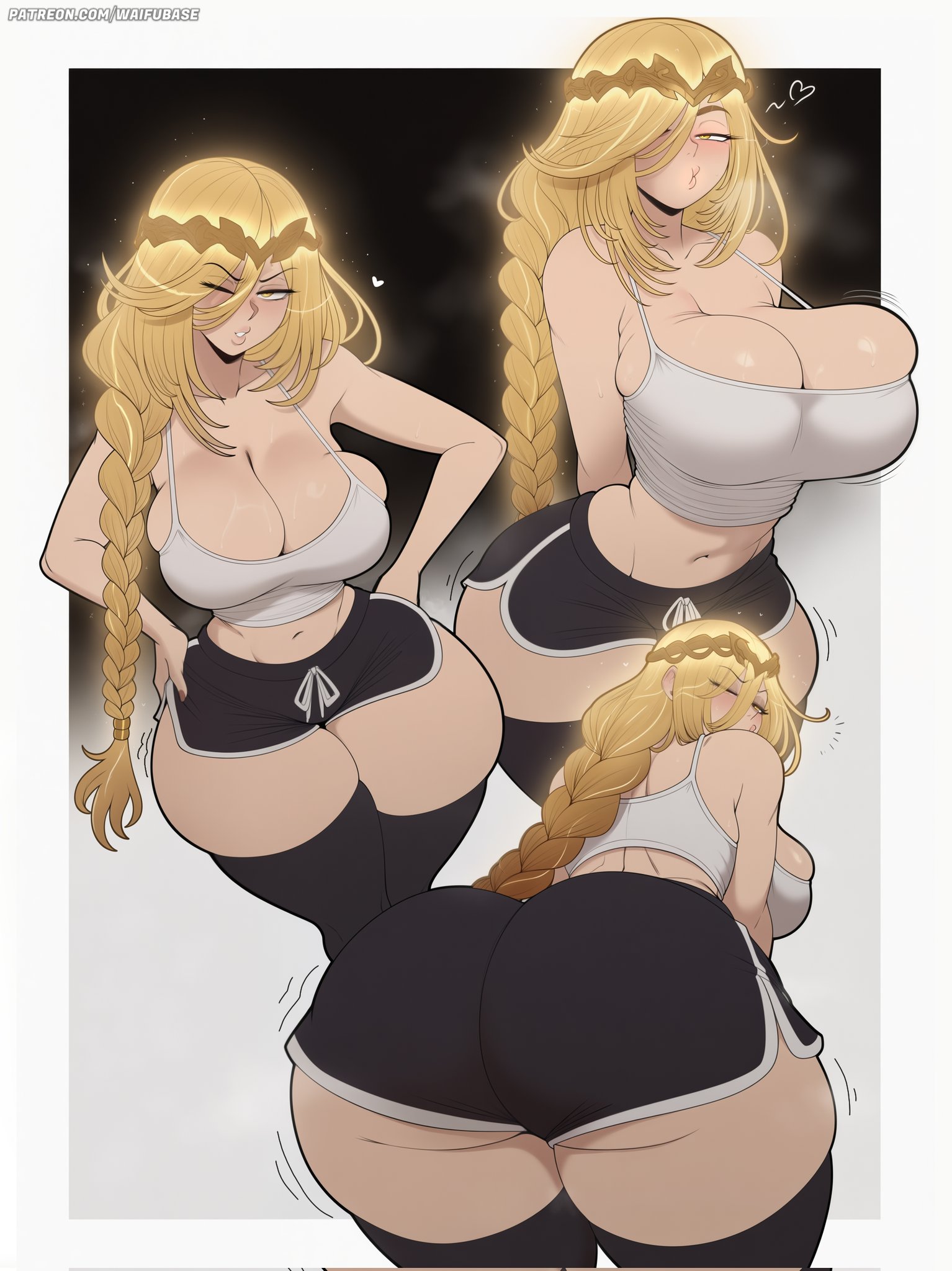 1girl, 2020s, 2026, 2026s, ai generated, alternate outfit, blonde female, blonde hair, blonde-haired female, different poses, dolphin shorts, elden ring, fair skin, fair-skinned female, fair-skinned female body, female, female focus, female only, fromsoftware, hourglass figure, hourglass figured female, huge boobs, huge breasts, jpg, patreon username, perfect body, queen marika the eternal, slim thick, slim waist, solo, solo female, solo focus, thick thighs, thigh highs, thunder thighs, thunderthighs, voluptuous, waifubase, watermark, white border