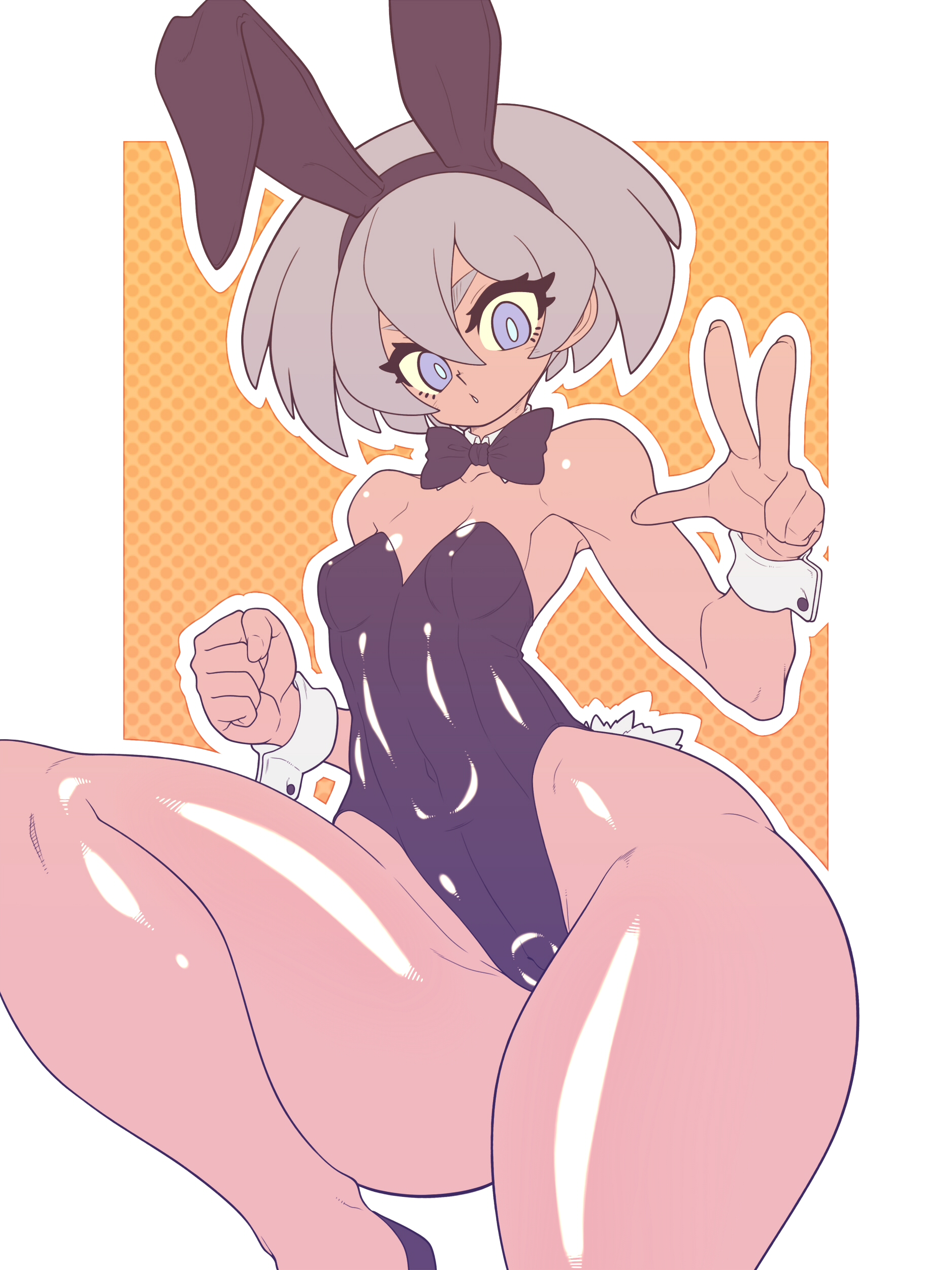 1girls, alternate version available, bea (pokemon), blue eyes, breasts, bunny ears, bunnysuit, cameltoe, curvy figure, eye contact, female, grey hair, huge thighs, human, kaikoinu, looking at viewer, nintendo, pantyhose, pokemon, pokemon ss, pussy, shiny clothes, short hair, solo, thick thighs, thighs, tight clothing, wide hips