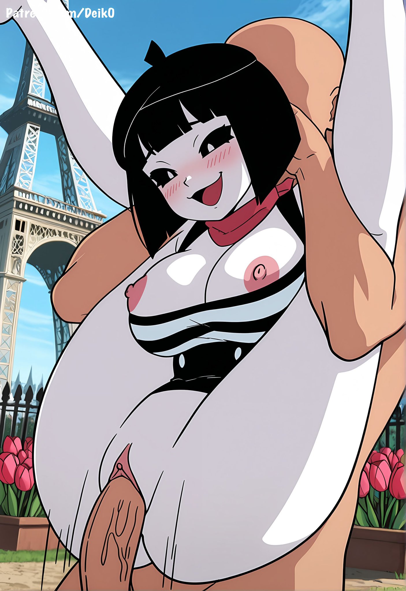 ai generated, black sclera, bob cut, bottomless, chuchu (derpixon), deik0, derpixon, full nelson, hetero, large breasts, mime, mime and dash, outdoors, reverse suspended congress, sex, vaginal, vaginal penetration, vaginal sex, white skin