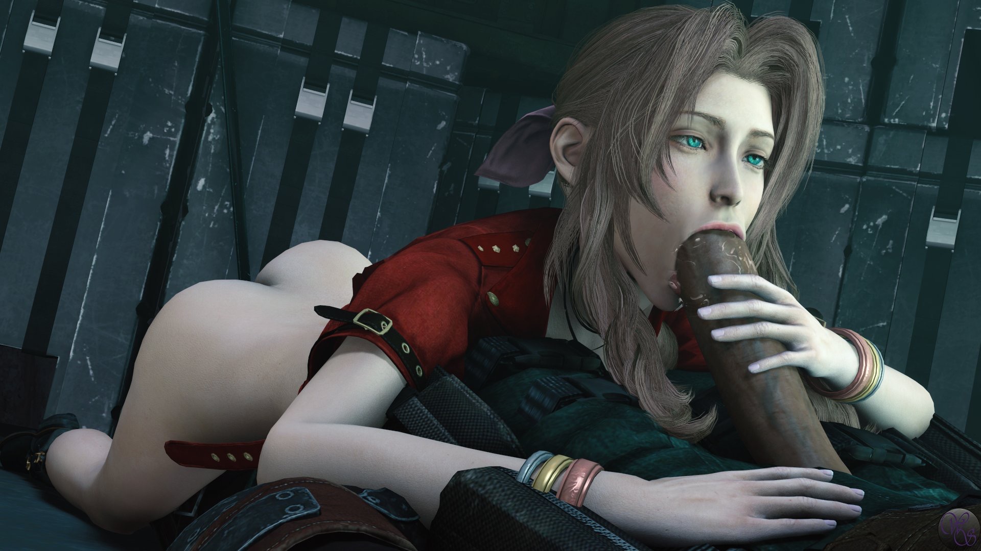 :>=, 1boy, 1girls, 3d, 3d (artwork), aerith gainsborough, barret wallace, big penis, cheating, dark skin, dark-skinned male, fellatio, female, final fantasy, final fantasy vii, interracial, male, netorare, penis, weebstank