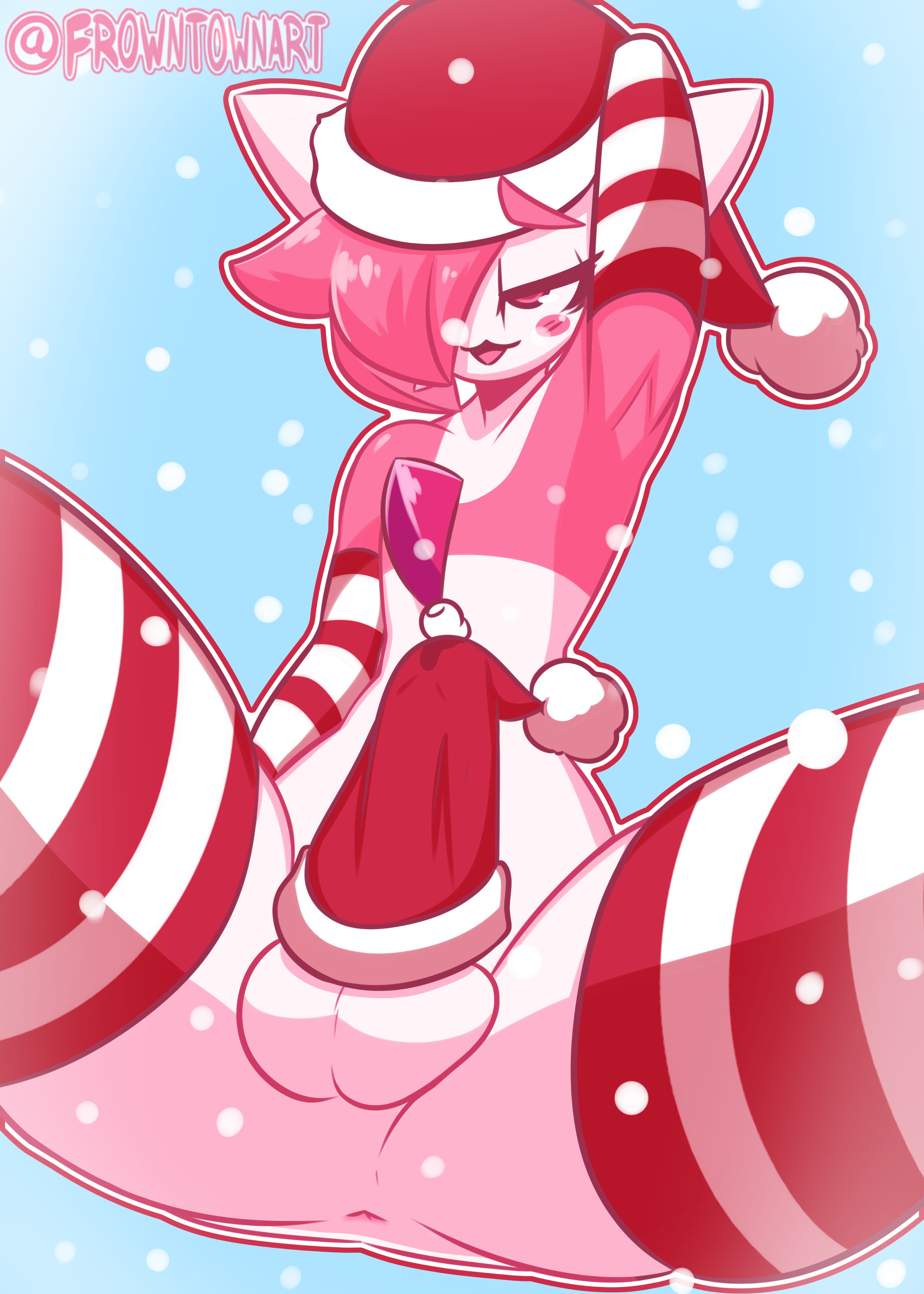 1boy, anthro, anus, armpits, ass, balls, blush, christmas, christmas outfit, femboy, flat chest, frowntown, gardevoir, half-closed eyes, male, male gardevoir, male only, male pokemon, nintendo, original character, pink (frowntown), pink eyes, pink skin, pokémon (species), pokemon, pokemon (species), pokemon rse, solo, solo male, spread legs, stockings, testicles, thick thighs, thighs, white skin