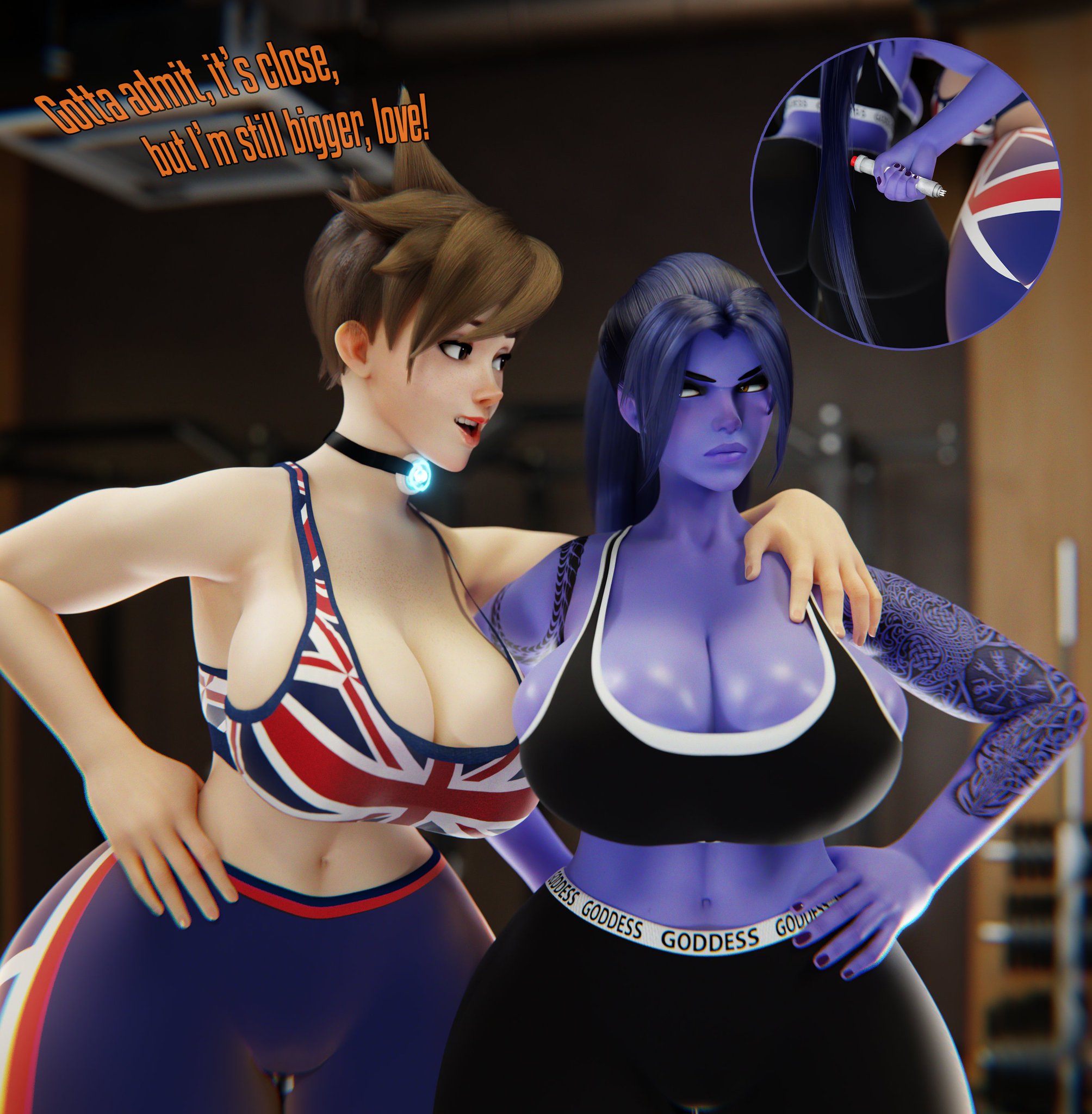 2girls, 3d, activision, amelie lacroix, ass bigger than head, big ass, big breasts, big thighs, blizzard entertainment, blue body, blue skin, blue-skinned female, breasts, breasts bigger than head, british flag, curvaceous, curvy, curvy figure, dej arts, digital media (artwork), enormous ass, enormous breasts, enormous thighs, female, female only, flag print, gigantic ass, gigantic breasts, gigantic thighs, hips, hourglass figure, huge ass, huge breasts, huge thighs, hyper thighs, large ass, large breasts, large thighs, legs, lena oxton, lesbian, light, light skin, light-skinned female, massive ass, massive breasts, massive thighs, mature, mature female, overwatch, scrag boy (model), scrag tracer, scrag widowmaker, slim waist, thick, thick hips, thick legs, thick thighs, thighs, thighs bigger than head, tracer, voluptuous, waist, wide hips, wide thighs, widowmaker, yuri