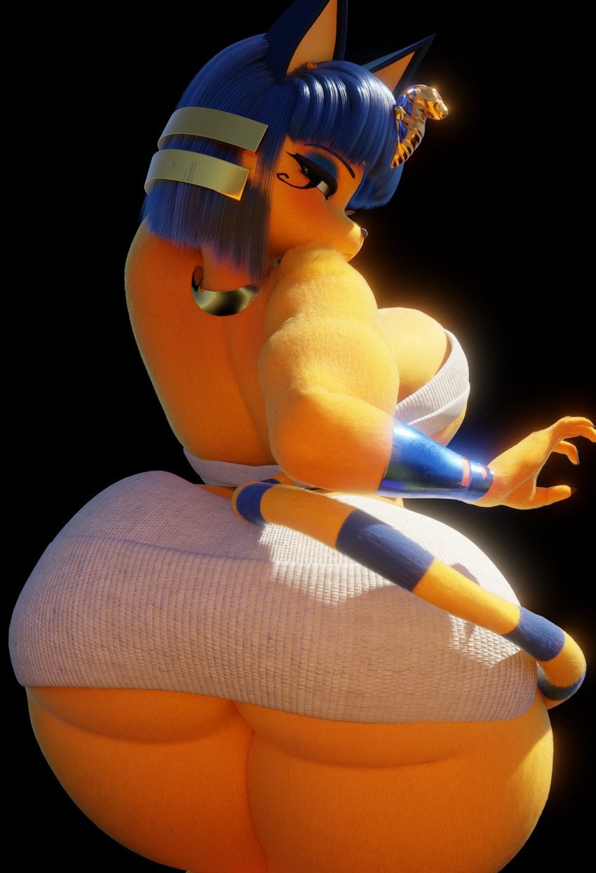 3d, animal crossing, ankha, ankha (animal crossing), ankha (scrag boy), ass, ass focus, back view, big ass, big breasts, blue hair, blush, breasts, cat ears, cat girl, cat tail, cleavage, huge ass, huge breasts, large breasts, looking at viewer, looking back, palmtreerothic, scrag boy (model), short hair, slim waist, tagme, thick thighs, thunder thighs, tight clothing, viewed from behind, voluptuous, wide hips, wraps, yellow fur