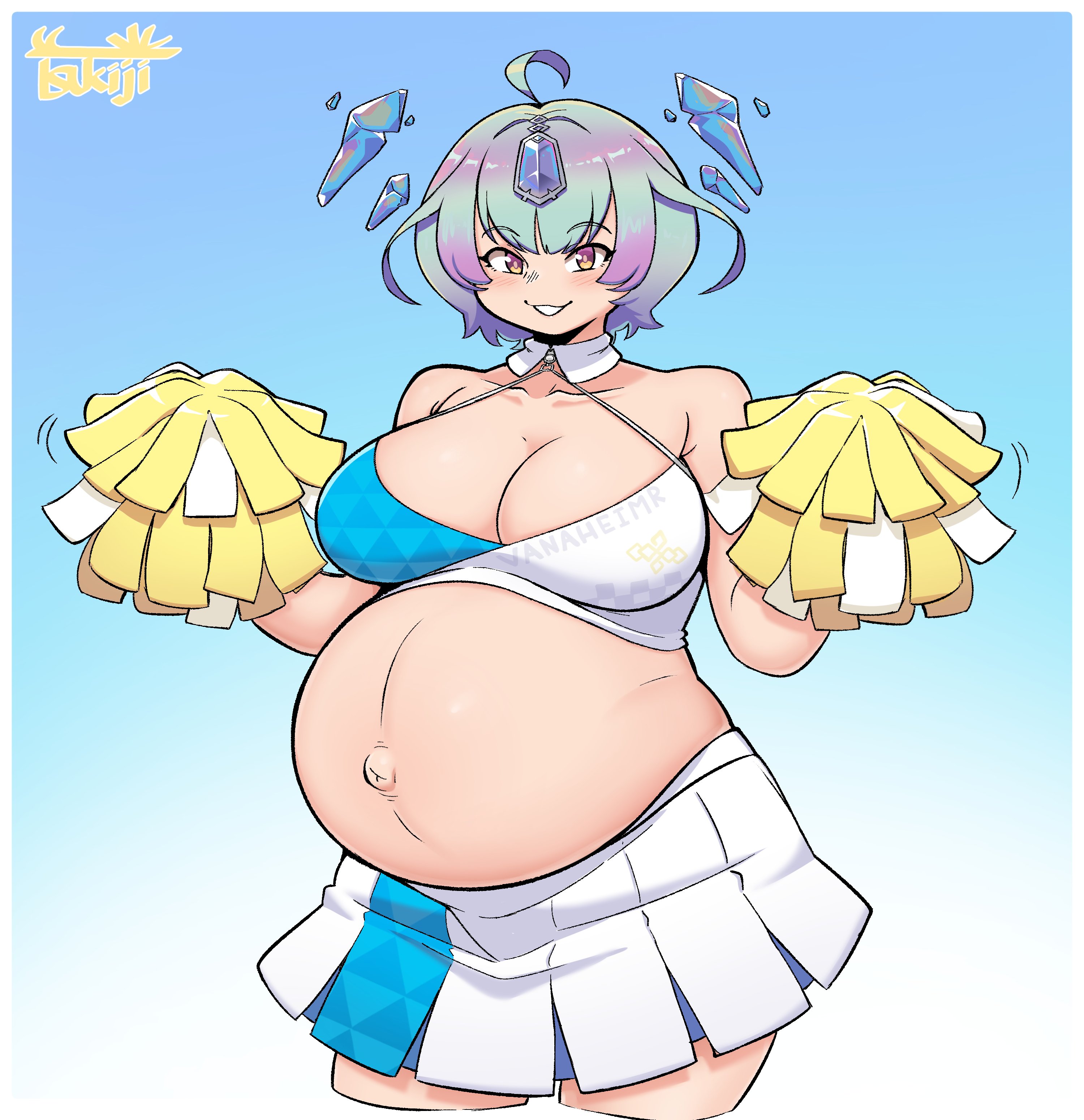 1girls, alternate version available, breasts, cheerleader, crystals, female, fire emblem, goddess, hair ornament, huge breasts, multicolored eyes, multicolored hair, nintendo, pom poms, popped navel, pregnant, ready to pop, seidr (fire emblem), thick thighs, tsukiji, wide hips