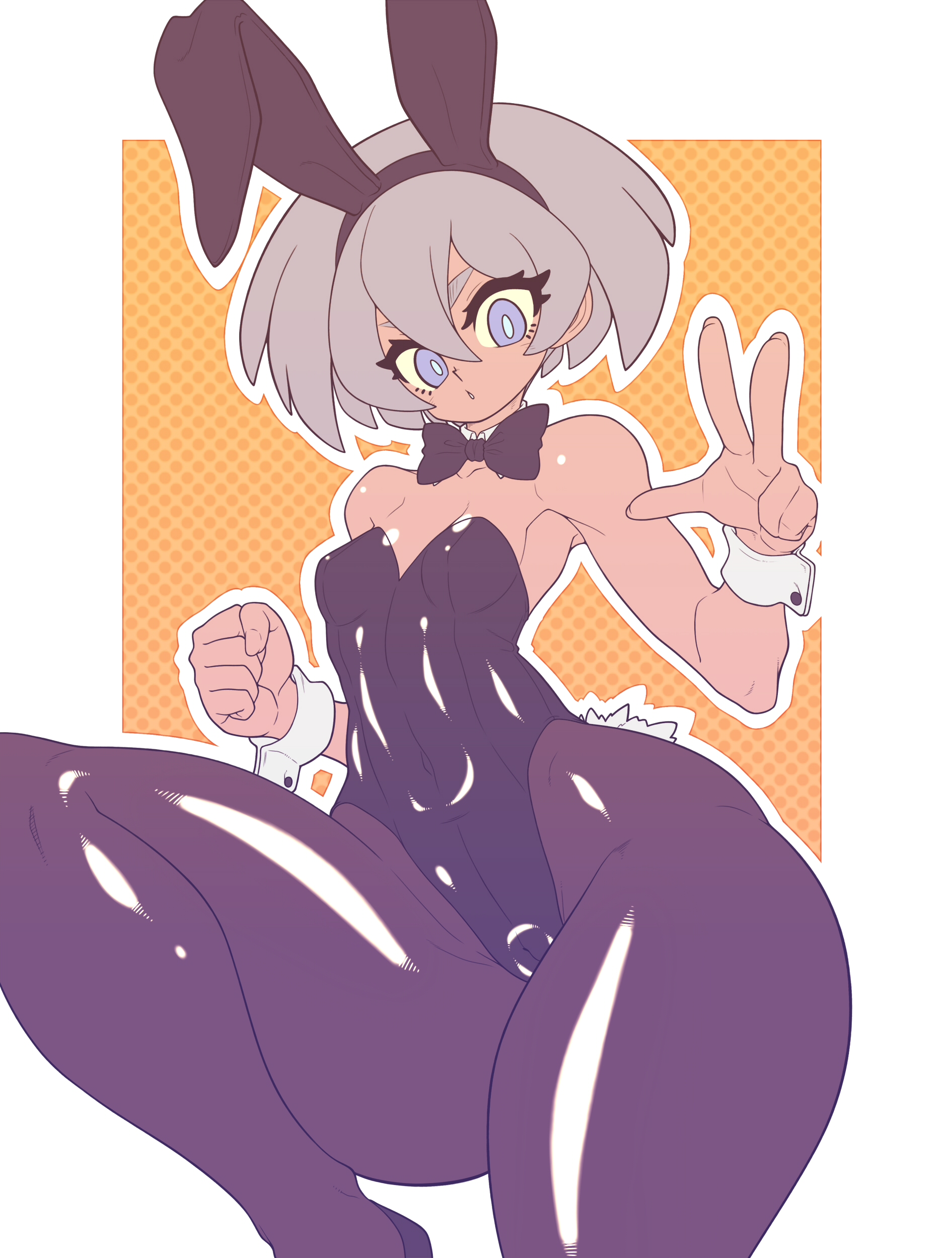 1girls, bea (pokemon), blue eyes, breasts, bunny ears, bunnysuit, cameltoe, curvy figure, eye contact, female, grey hair, huge thighs, human, kaikoinu, latex, latex bodysuit, latex suit, latex vagina, looking at viewer, nintendo, pantyhose, pokemon, pokemon ss, pussy, shiny clothes, short hair, solo, thick thighs, thighs, tight clothing, wide hips