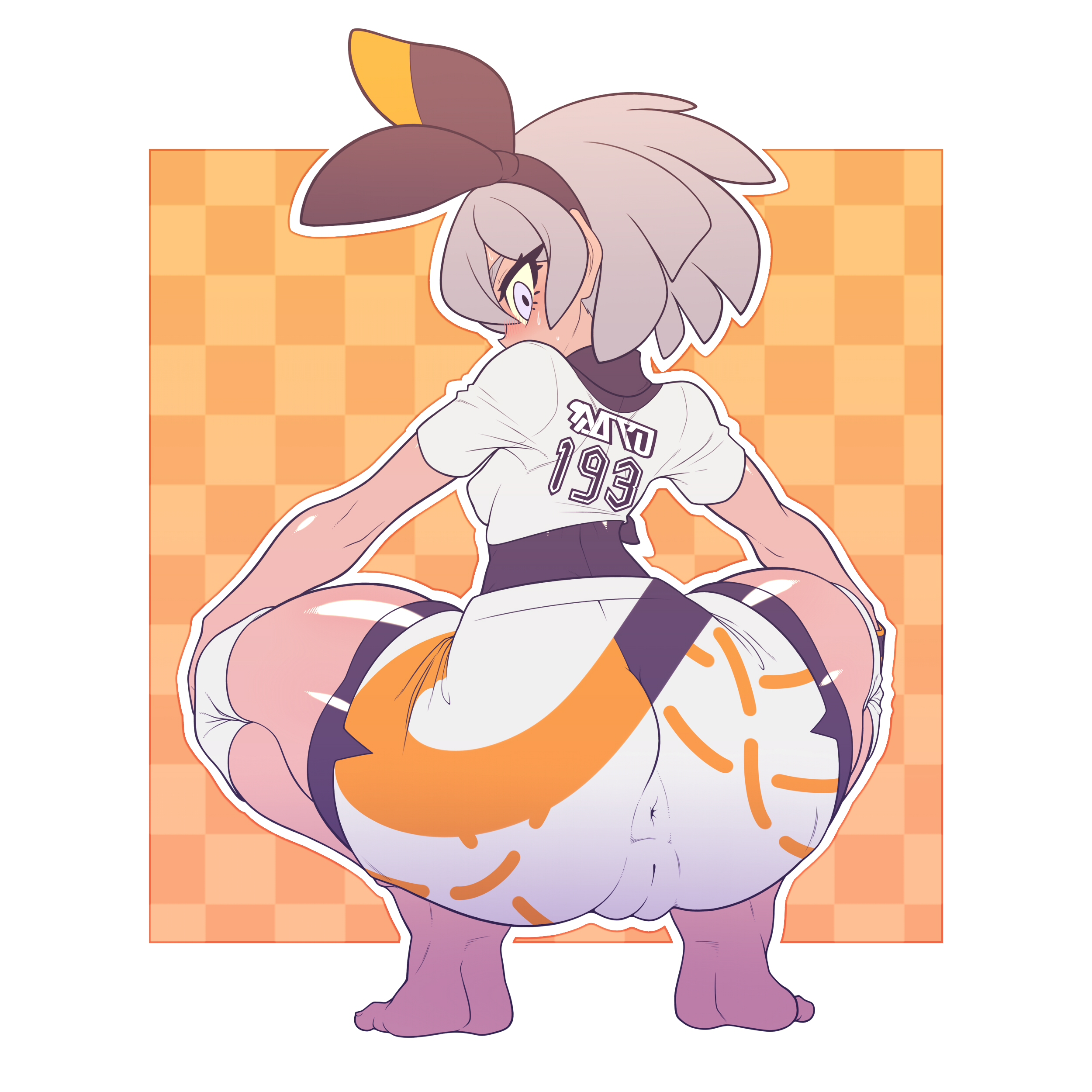 1girls, anus, ass, bea (pokemon), big ass, big butt, blush, cameltoe, clothed, clothing skin, curvy figure, eye contact, feet, female, grey eyes, grey hair, hair ribbon, human, kaikoinu, large ass, looking at viewer, looking back, nintendo, pokemon, pokemon ss, pose, pussy, short hair, shorts, solo, squatting, sweat, thick thighs, thighs, tight clothing, triangular anus