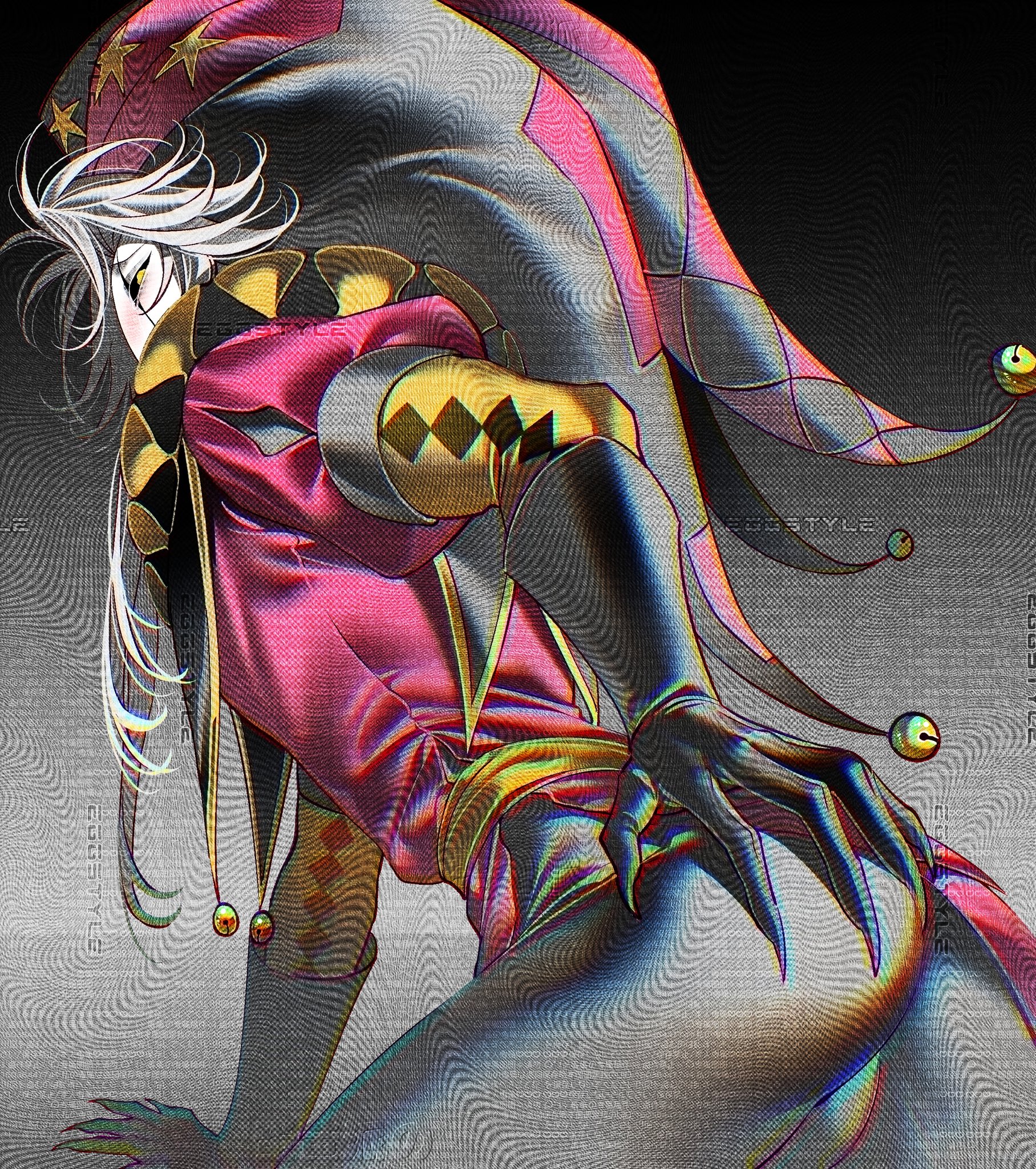 1boy, artist name, ass, egg style dhp, looking at viewer, looking back, pierrot (the freak circus), solo, tagme, the freak circus, watermark
