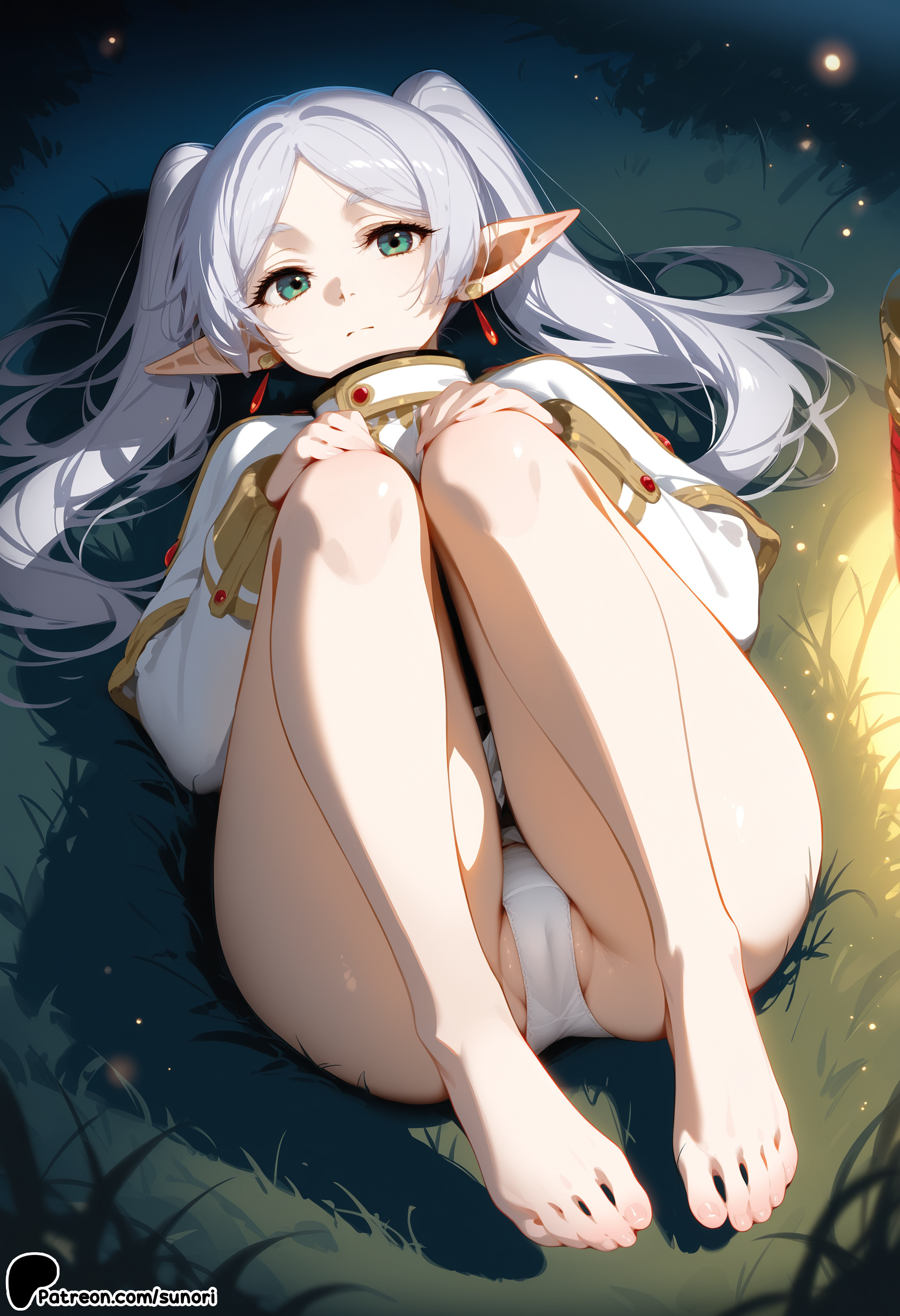 1girl, ai generated, barefoot, bush, earrings, elf, feet, female, female only, fireflies, forest, frieren, grass, jewelry, long hair, nature, night, on grass, on ground, outdoors, panties, plant, pointy ears, solo, sousou no frieren, sunori, toes, tree, tree stump, twintails, underwear, white panties