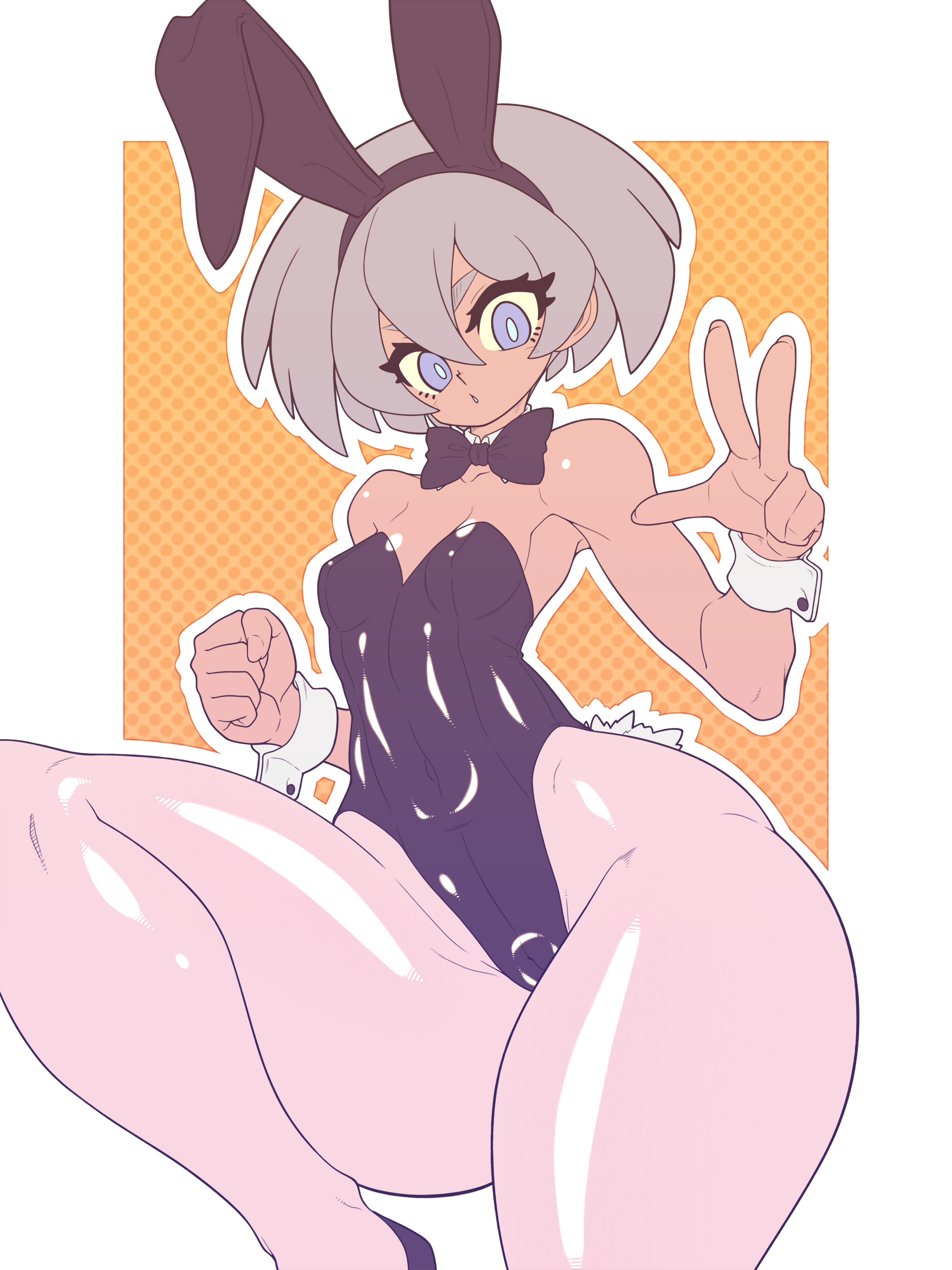 1girls, alternate version available, bea (pokemon), blue eyes, breasts, bunny ears, bunnysuit, cameltoe, curvy figure, eye contact, female, grey hair, huge thighs, human, kaikoinu, looking at viewer, nintendo, pantyhose, pokemon, pokemon ss, pussy, shiny clothes, short hair, solo, thick thighs, thighs, tight clothing, wide hips