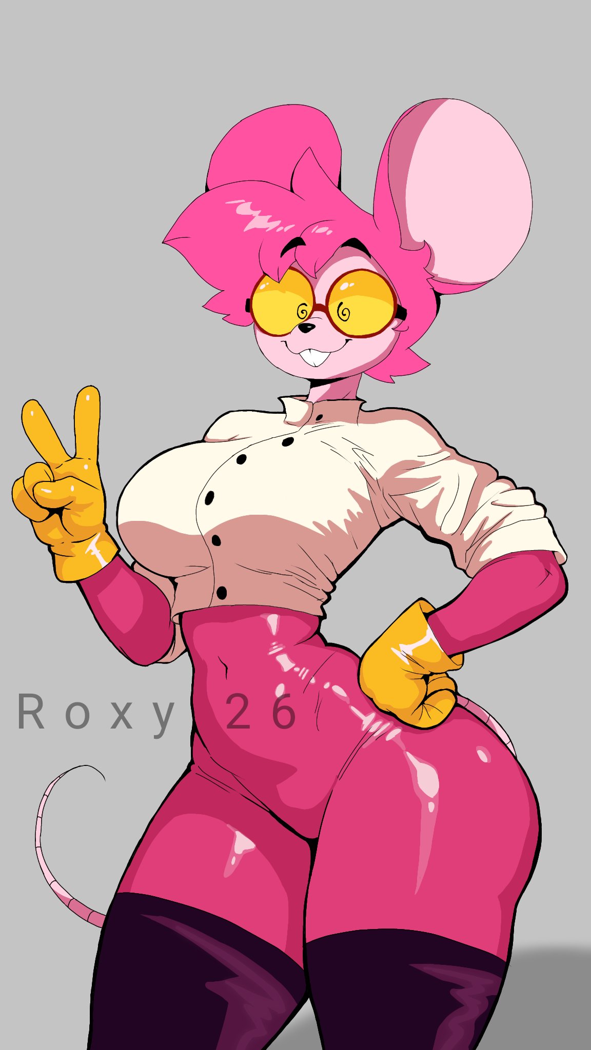 artist request, ass, bodysuit, breasts, buckteeth, fit, fit female, glasses, gloves, goommymuffin, hand on hip, muffin (goommymuffin), navel, peace sign, pink body, pink hair, rat, rat ears, rat girl, rat tail, skin tight, slim waist, stockings, swirly eyes, tagme, tagme (artist), thick thighs, tight clothing, topwear, voluptuous, wide hips, yellow eyes