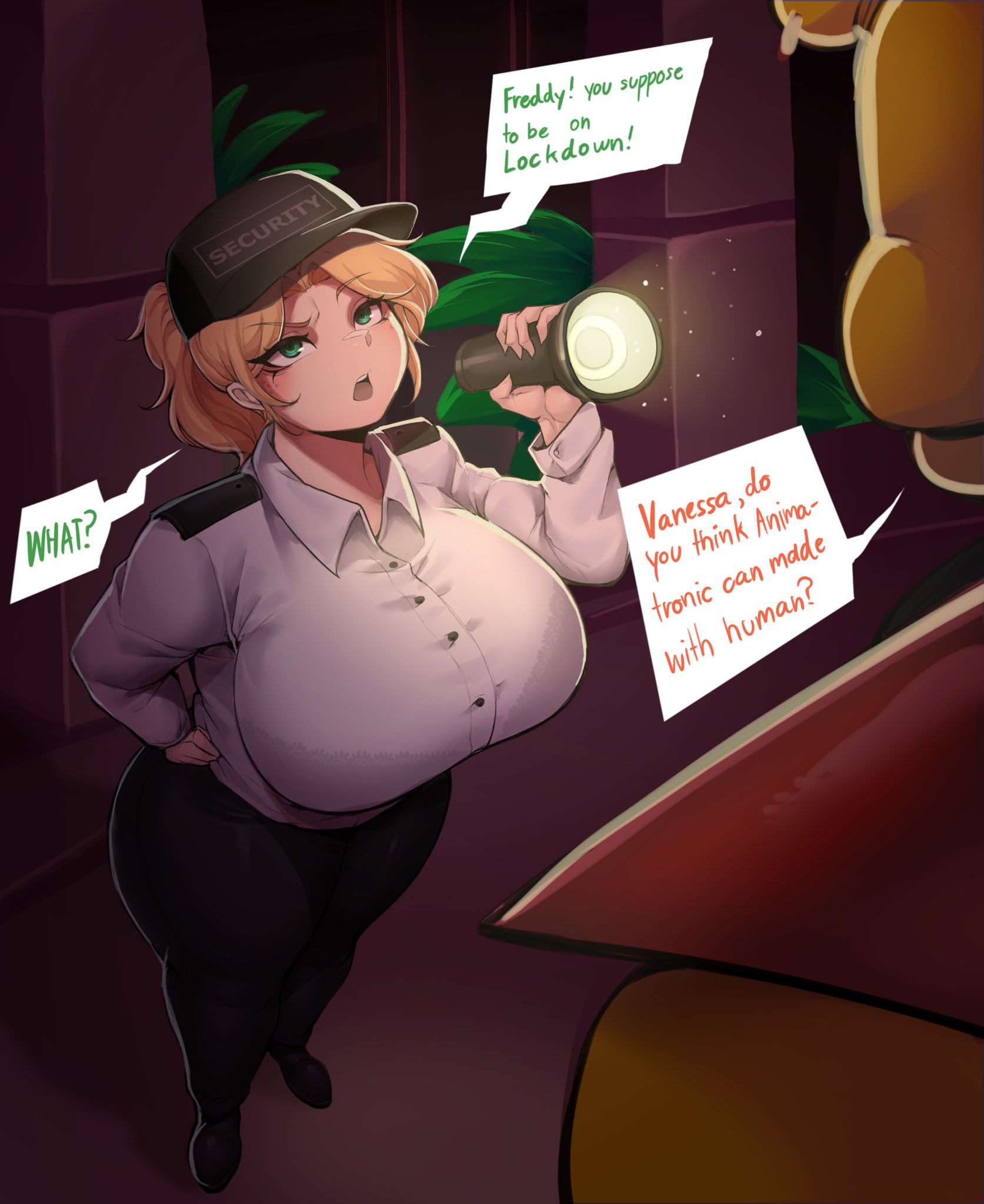 1boy, 1boy1girl, 1girl, bad english, big ass, big breasts, clothing, dialogue, five nights at freddy's, five nights at freddy's: security breach, freddy (fnaf), glamrock freddy (fnaf), human, human female, imminent sex, maimeetung, robot, robot boy, vanessa (fnaf)