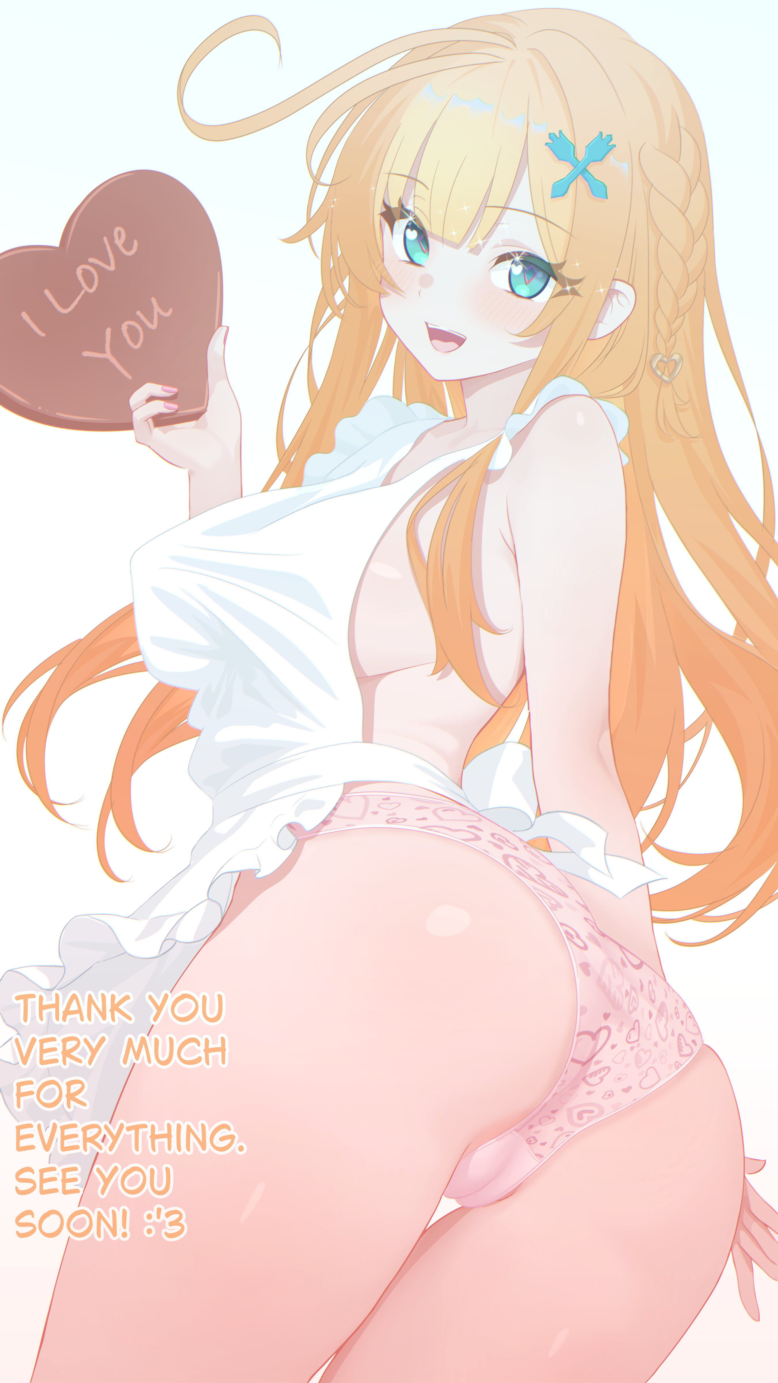 1girl, 1girls, apron, ass, bangs, blush, braid, breasts, cameltoe, candy, chocolate, english text, escoffier (genshin impact), food, from behind, genshin impact, gradient, hair ornament, heart, heart-shaped chocolate, holding, large breasts, long hair, looking at viewer, neurotic neko, open mouth, orange hair, panties, pink panties, sideboob, simple background, smile, solo, underwear, white background
