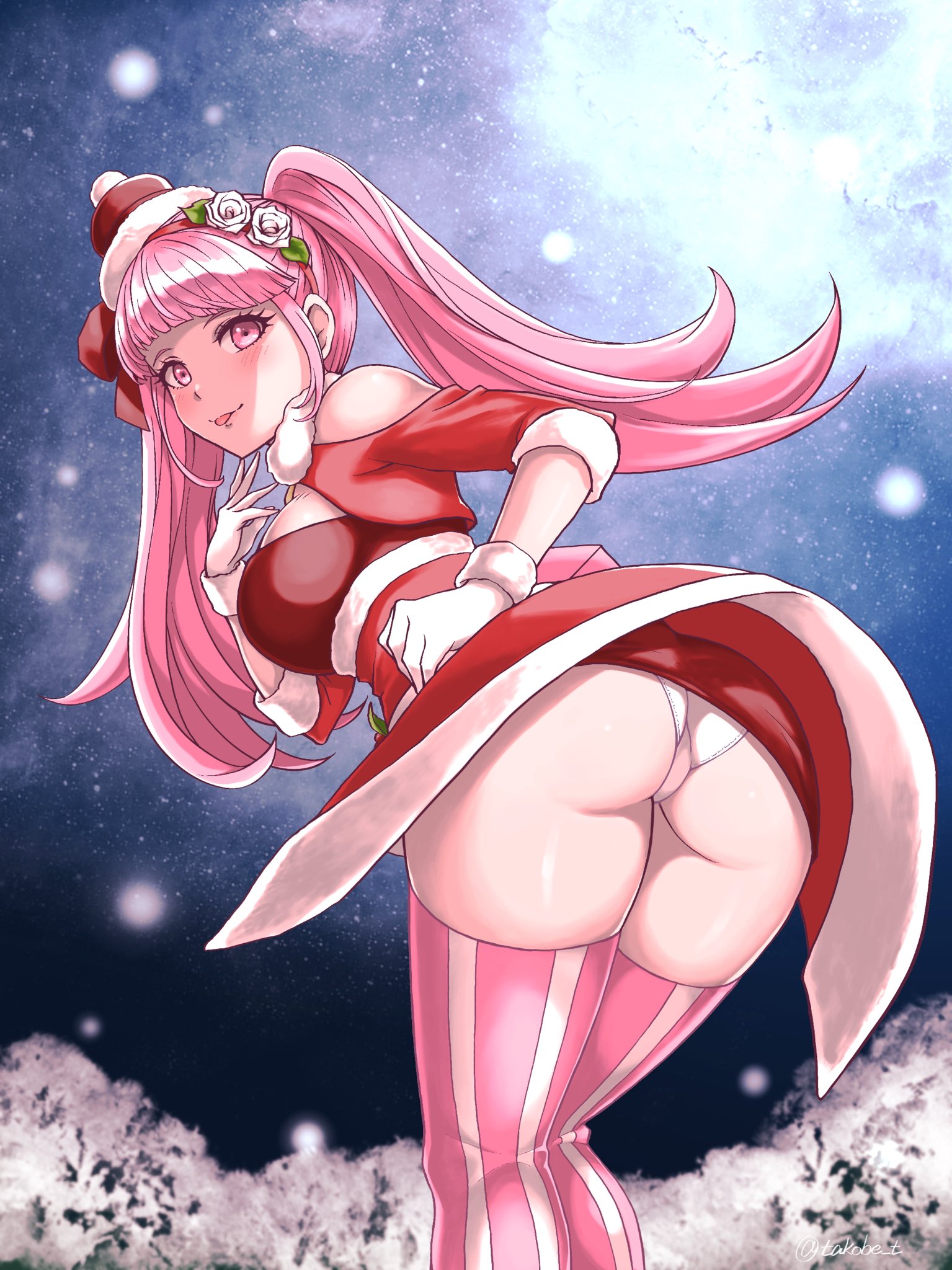 1girls, alternate costume, ass, breasts, christmas, female, fire emblem, fire emblem heroes, fire emblem: three houses, flower, gloves, hair flower, hair ornament, highres, hilda valentine goneril, hilda valentine goneril (winter), looking at viewer, nintendo, panties, pantyshot, pink hair, red eyes, santa costume, simple background, solo, sticking out tongue, takobe, thighhighs, tongue, tongue out, twintails, underwear, upskirt, white panties
