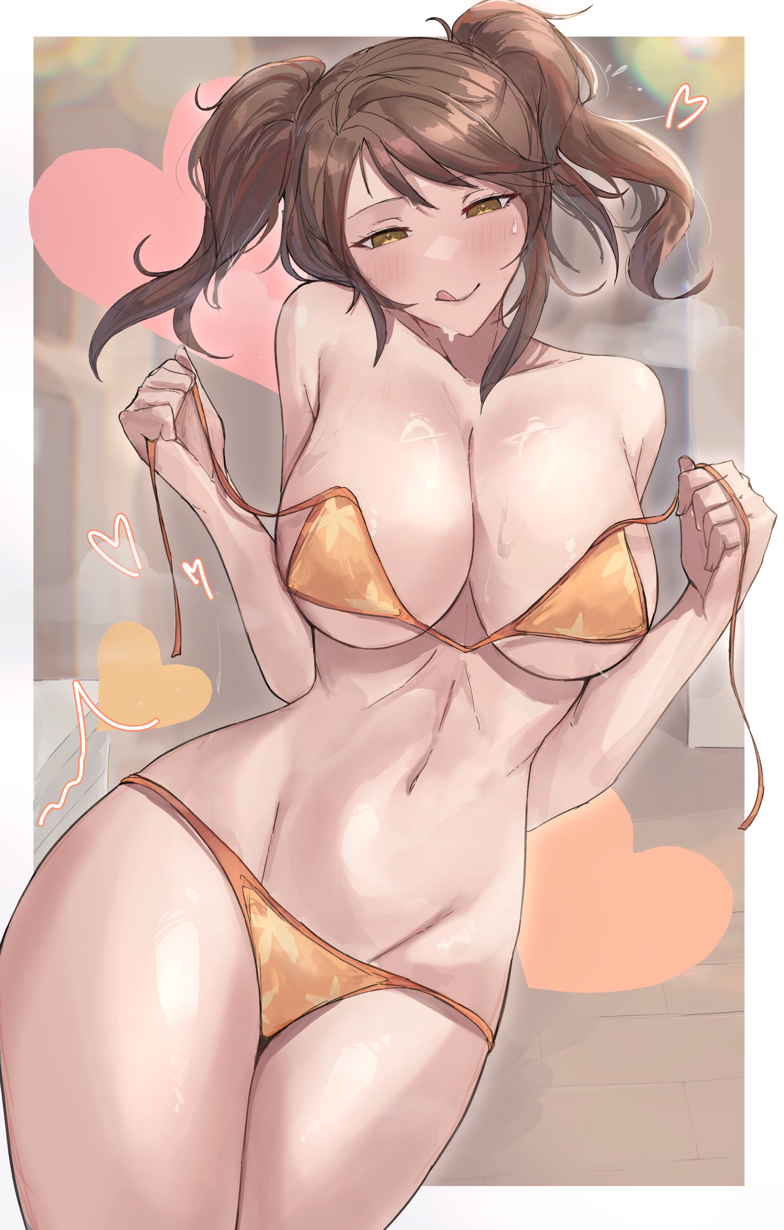1girls, 2d, absurdres, atlus, big breasts, bikini, blush, blushing, blushing female, border, breasts, brown eyes, brown hair, brown hair female, calmgreentori, female, female only, heart, hi res, highres, hourglass figure, hourglass figured female, kujikawa rise, large breasts, licking lips, looking at viewer, navel, orange bikini, persona, persona 4, pinup, sega, solo, sweat, swimsuit, thick thighs, tongue, tongue out, twintails, untied bikini top, white border