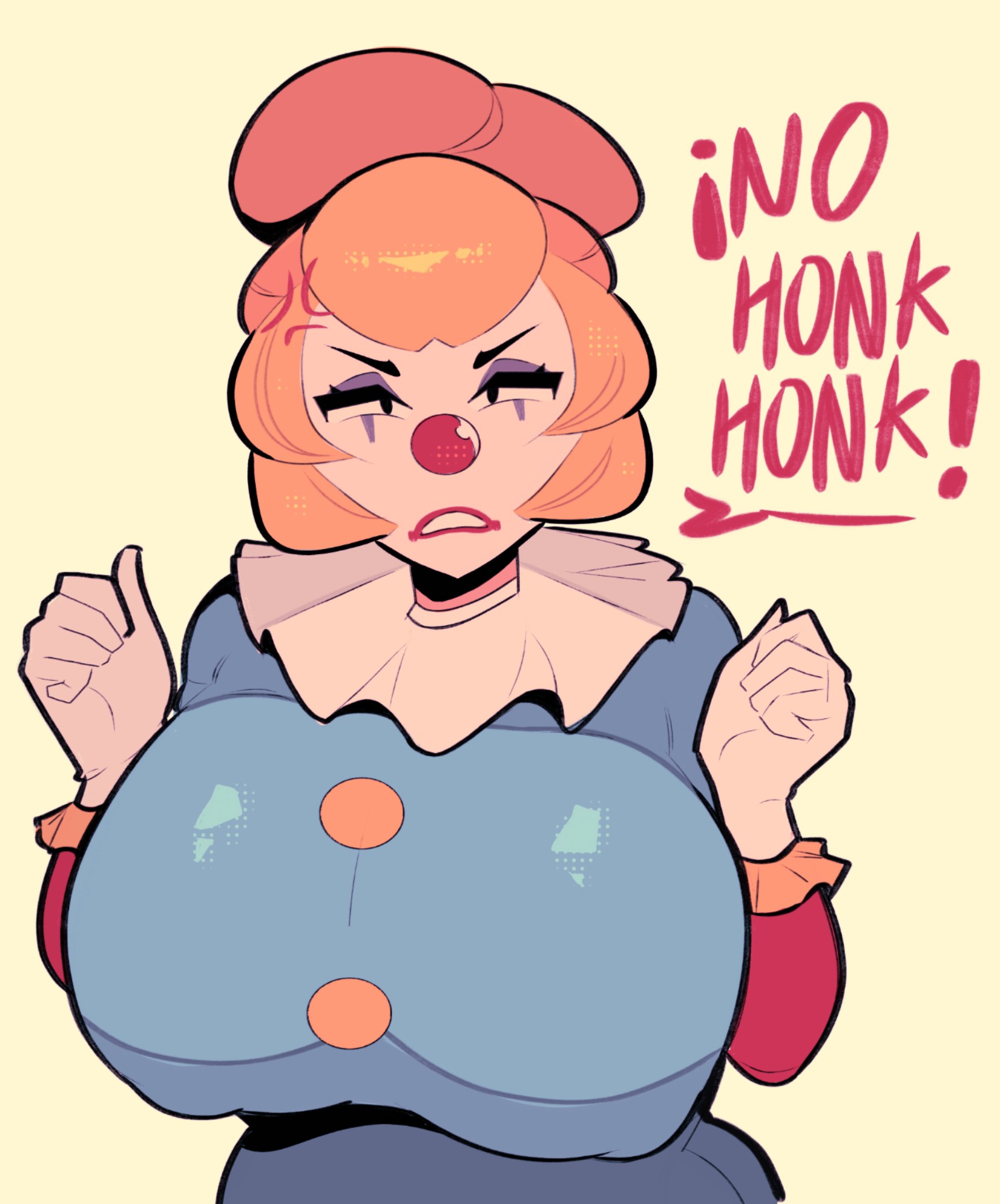annoyed, blonde hair, brawl stars, breasts, charlie (brawl stars), clown, clown costume, clown girl, clown makeup, gloves, large breasts, looking at viewer, mrweirdsketch, safe, tagme, text, tied hair, tight clothing