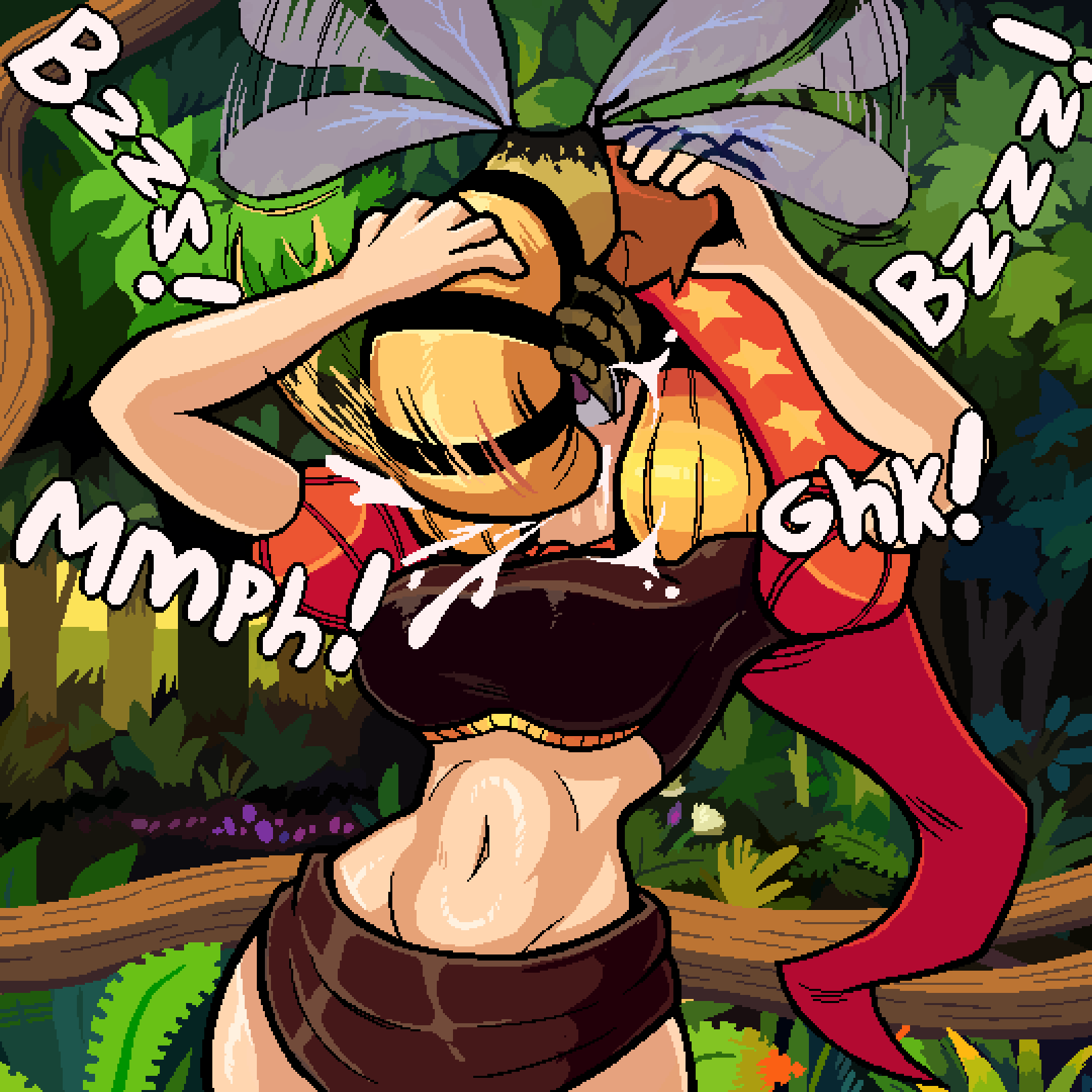 1girls bestiality blonde_hair clothed clothed_female clothed_sex comic_page cum cum_in_mouth fellatio female_on_feral flying forest grabbing_head hi_res hood hourglass_figure insects looking_at_partner motion_lines odin_sphere onomatopoeia oral pixel_art purple_eyes questionable_consent red_hood text valmar velvet_(odin_sphere) wasp wings zoophilia