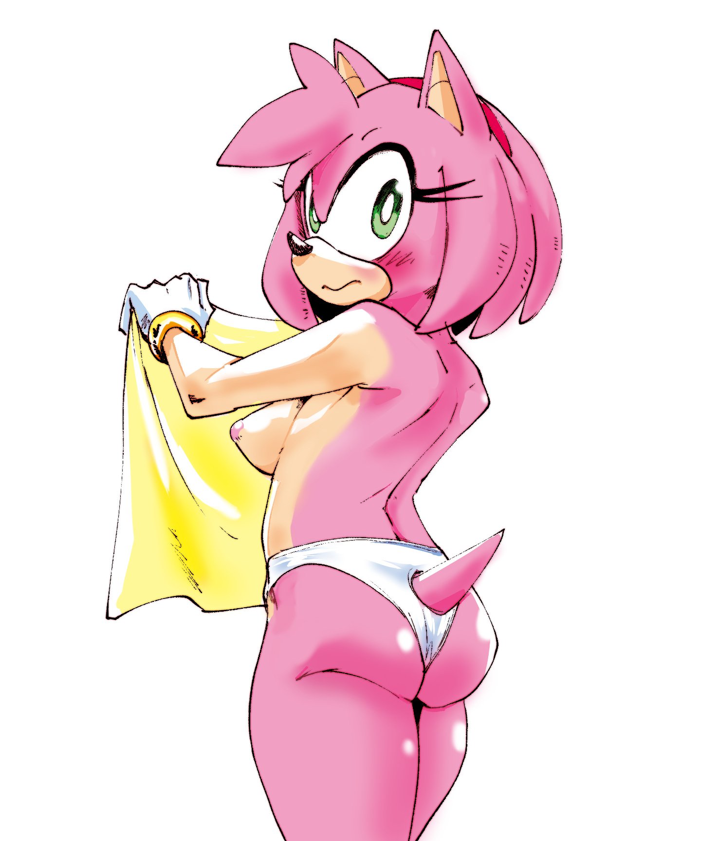 1girls, amy rose, animal ears, animal nose, ass, back, blush, body fur, box chan, breasts, closed mouth, cowboy shot, embarrassed, female, from behind, furry, furry female, gloves, green eyes, hedgehog girl, holding, holding towel, looking at viewer, looking back, looking to the side, medium breasts, nipples, panties, pink fur, pink hair, sega, short hair, shoulder blades, sideboob, simple background, solo, sonic (series), standing, tail, topless female, towel, underwear, underwear only, white background, white gloves, white panties
