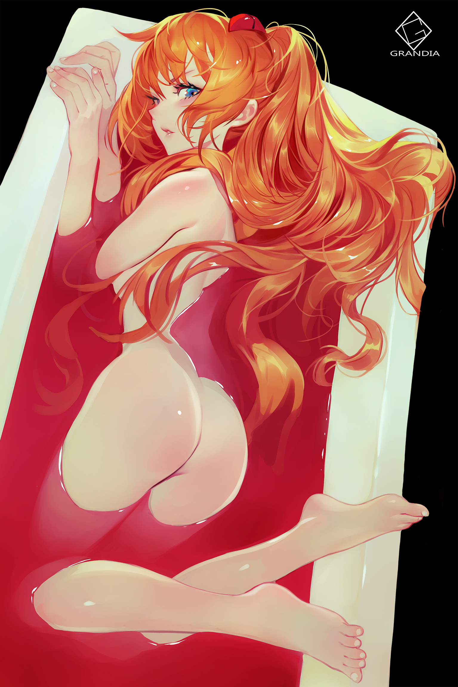ass, asuka langley sohryu, bath, bathing, bathtub, blue eyes, blush, casual nudity, feet, female, female focus, female only, grandialee, highres, long hair, looking at viewer, looking back, neon genesis evangelion, nude, nude female, red hair, solo, solo female, solo focus, toes
