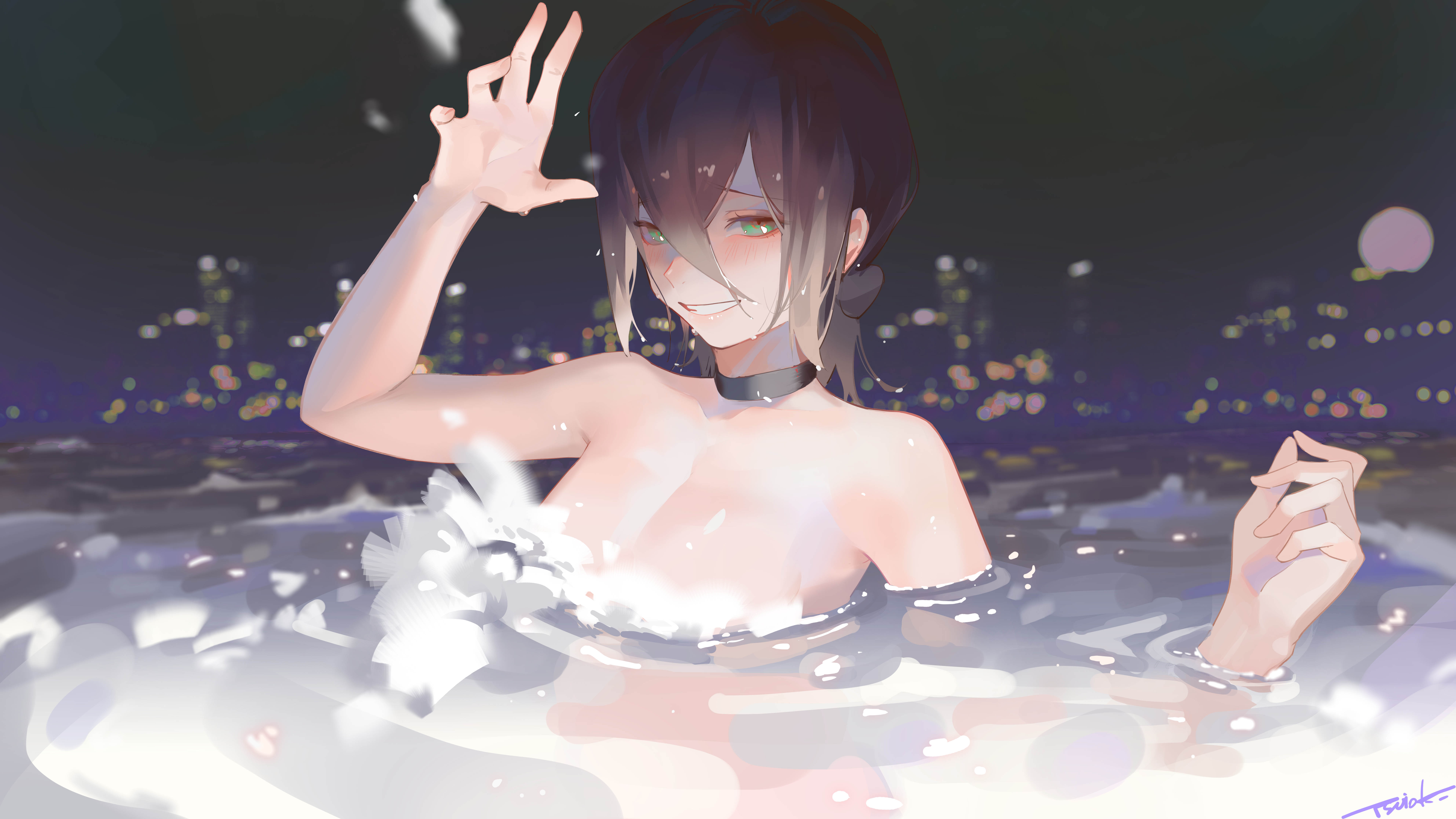 908026270, absurdres, arm up, artist name, bare arms, bare shoulders, black choker, black hair, blush, chainsaw man, choker, female, green eyes, hair between eyes, hair bun, highres, in water, looking at viewer, medium hair, nude, open mouth, reze (chainsaw man), smile, solo, tsuioku, upper body, water, wet, wet hair