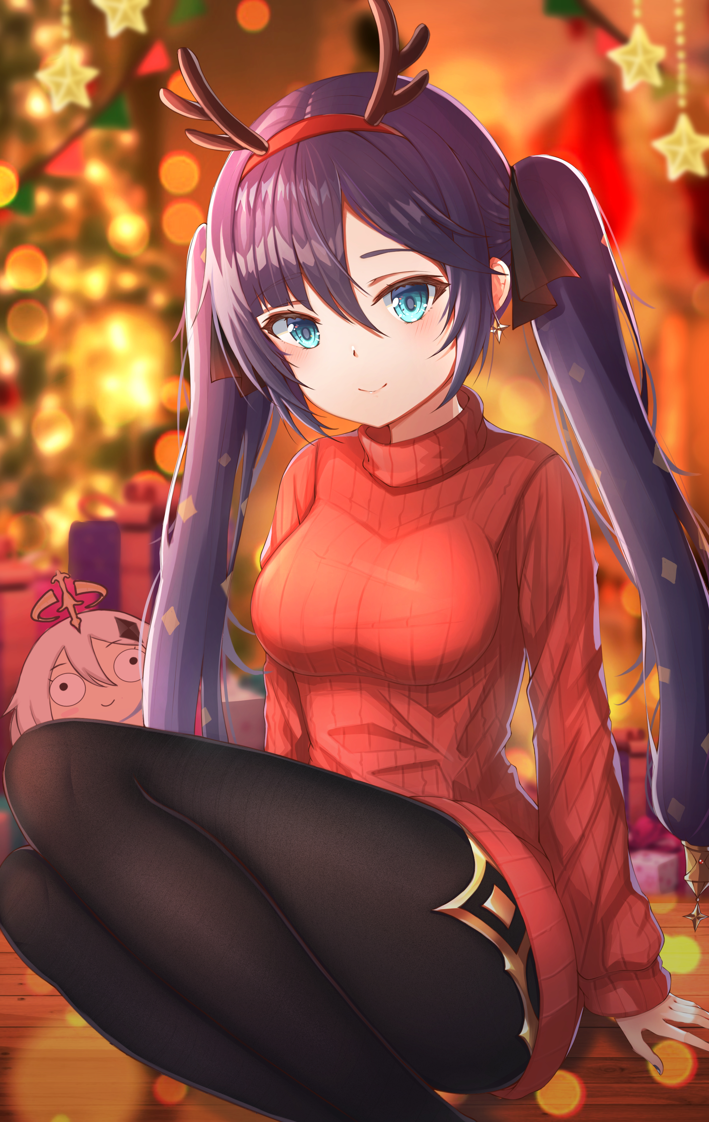 2020, 2girls, absurd res, antlers, black hair, blue eyes, blurry, blurry background, bow, breasts, christmas, christmas tree, clothed, clothing, earrings, eyebrows visible through hair, fake antlers, female, female only, genshin impact, gift, hairband, hairbow, highres, long hair, long twintails, looking at viewer, medium breasts, mona (genshin impact), multiple females, multiple girls, nahanmin, paimon (genshin impact), pantyhose, red clothing, red hairband, red sweater, reindeer antlers, sitting, smile, star, sweater, thick thighs, thighs, twintails