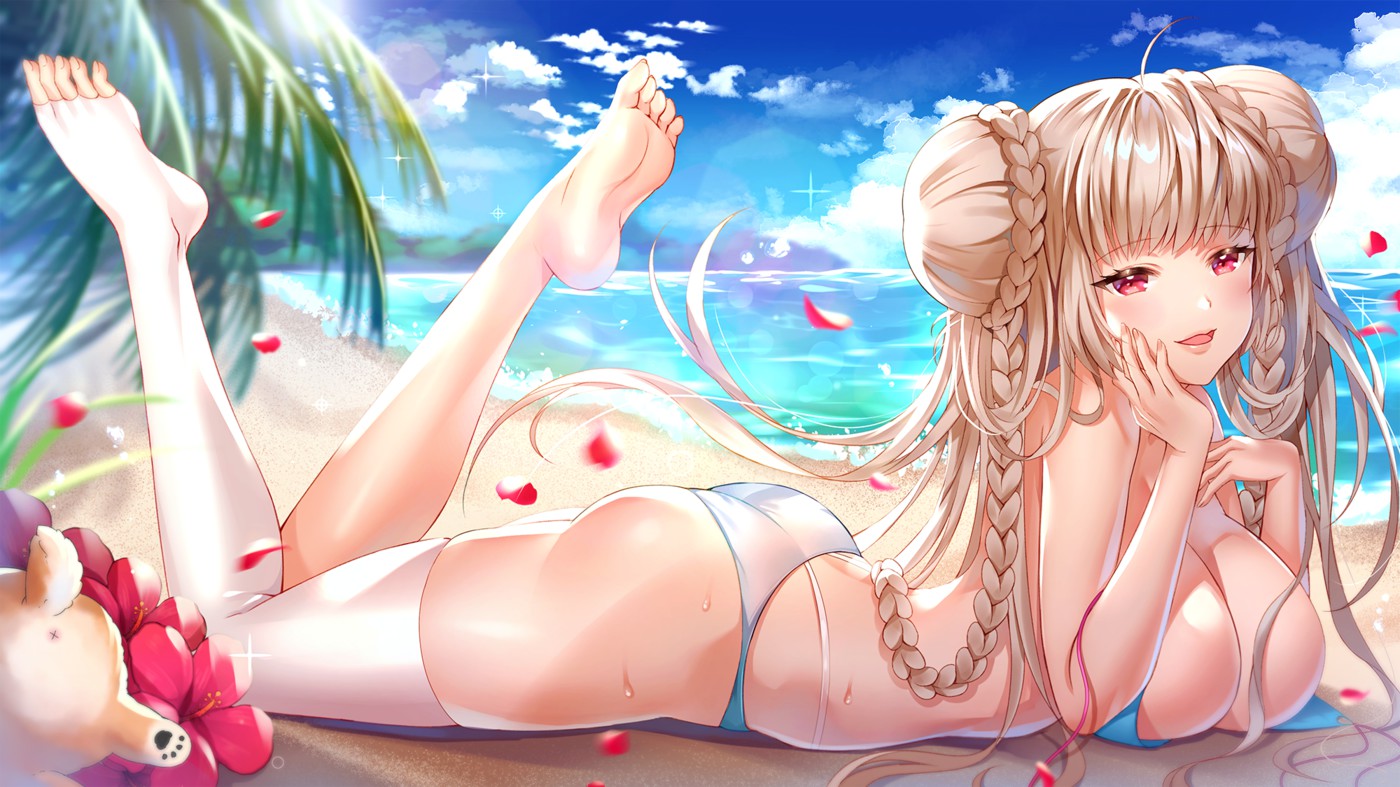 azur lane, beach, bikini, feet, feet up, female, female only, formidable (azur lane), formidable (the lady of the beach) (azur lane), long hair, looking at viewer, solo