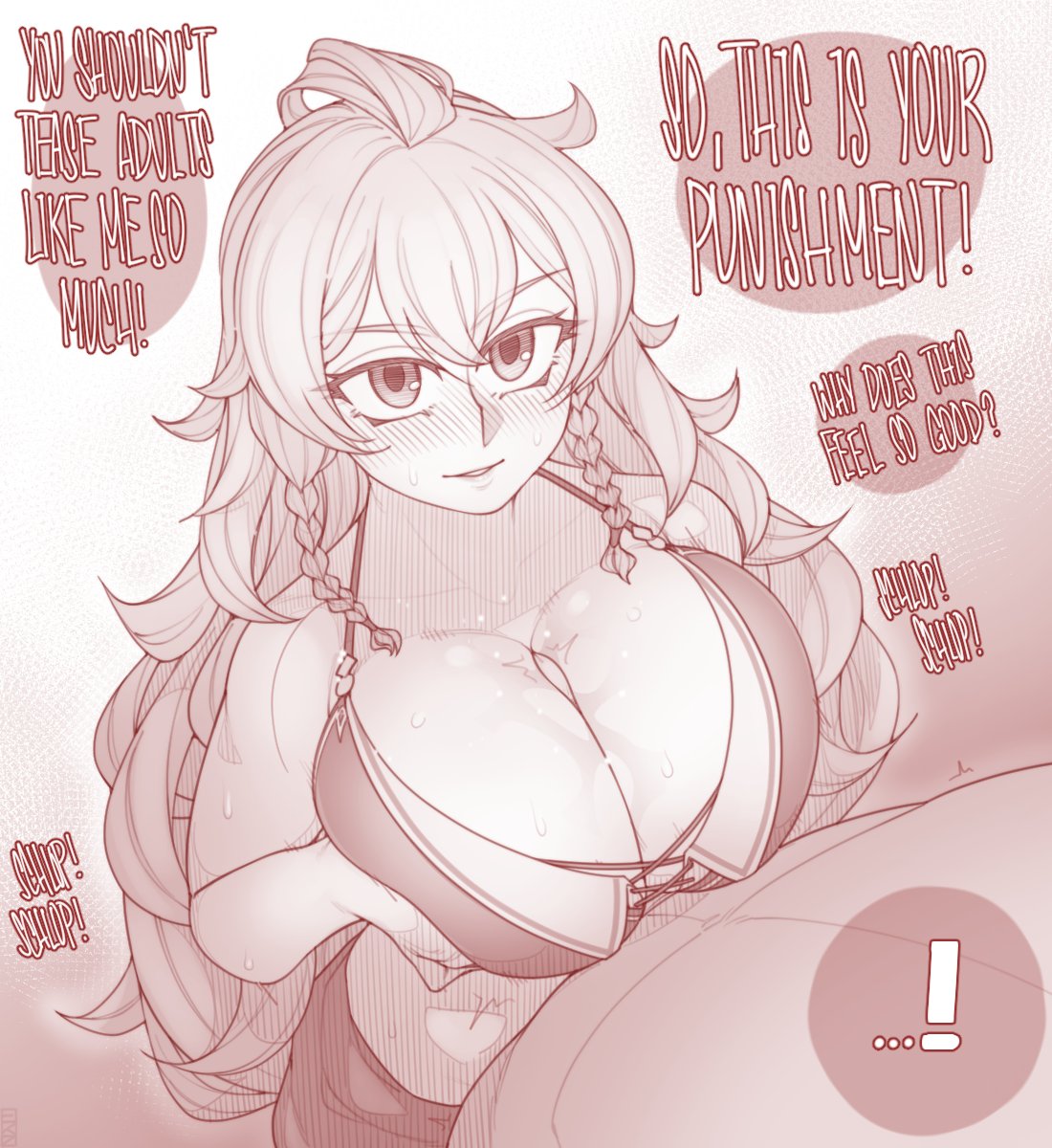 1boy, 1girls, alternate breast size, big breasts, breasts, ekz, english text, female, granblue fantasy, huge breasts, large breasts, male, paizuri, perpendicular paizuri, silva (granblue fantasy), straight, swimsuit, text