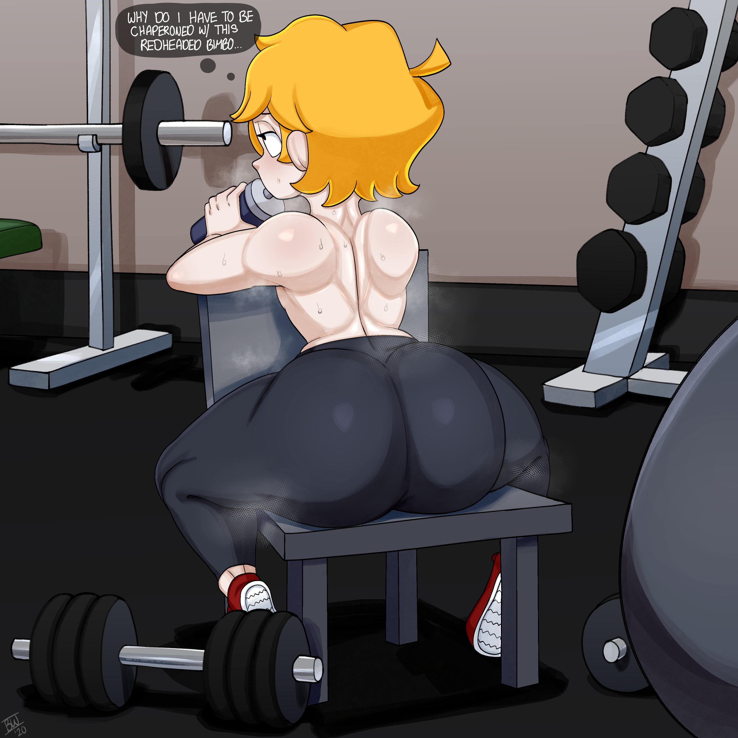 übel (blackwhiplash), 1boy, 2020, 2020s, androgynous, ass, ass visible through clothes, big ass, big ass (male), blackwhiplash, blackwhiplashverse, blonde hair, dialogue, drinking water, english text, femboy, gym, huge ass, huge butt, male, original, original character, short hair, solo, solo male, sweat, sweatdrop, text, thought bubble, tight clothing, tight fit, water bottle, weights, white skin, workout, yoga pants