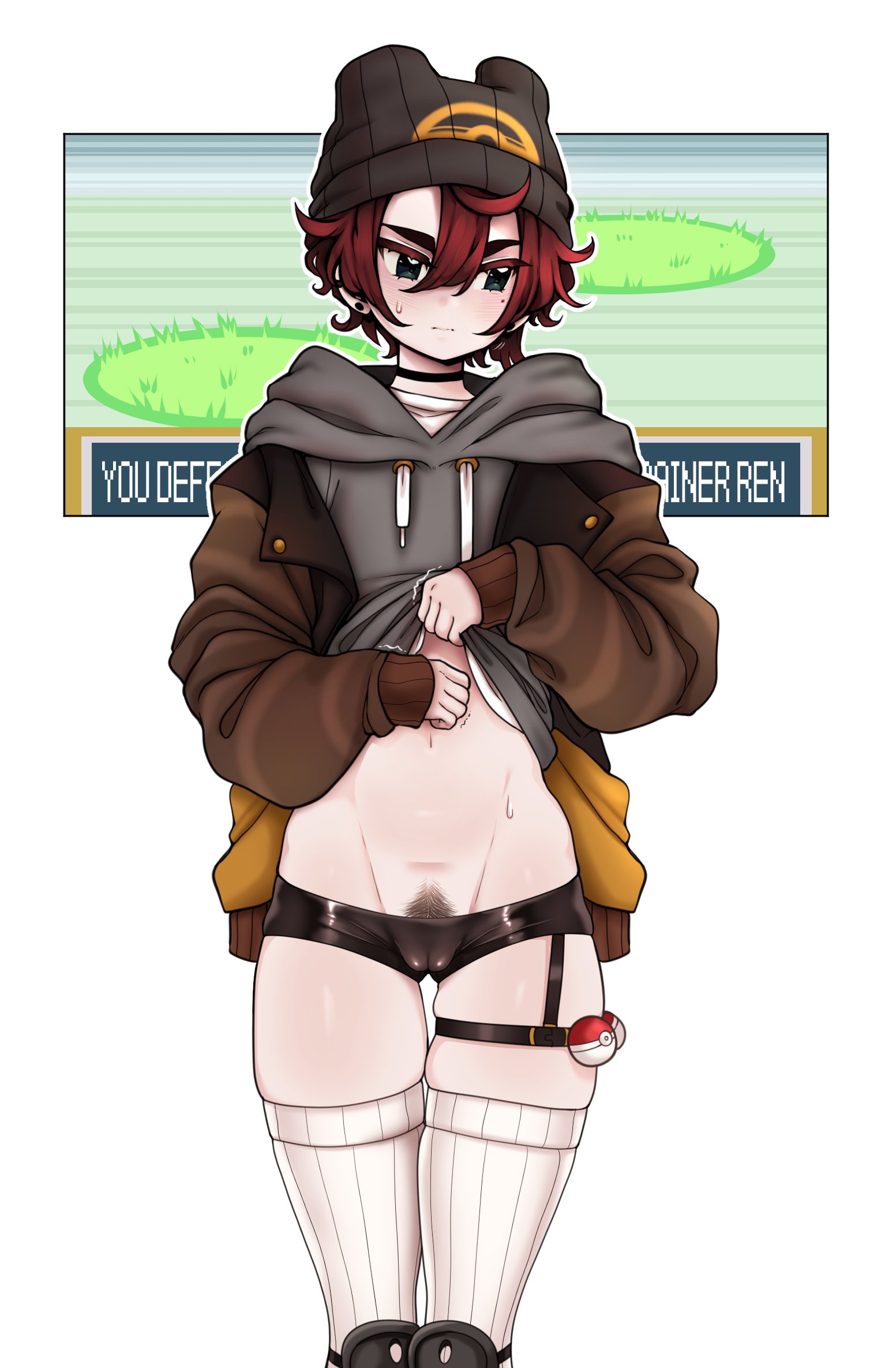 1cuntboy, androgynous, cuntboy, cuntboy focus, cuntboy only, embarrassed, english text, flat chest, intersex, male, niucniuc, pokemon, pussy, short shorts, solo, submissive, text