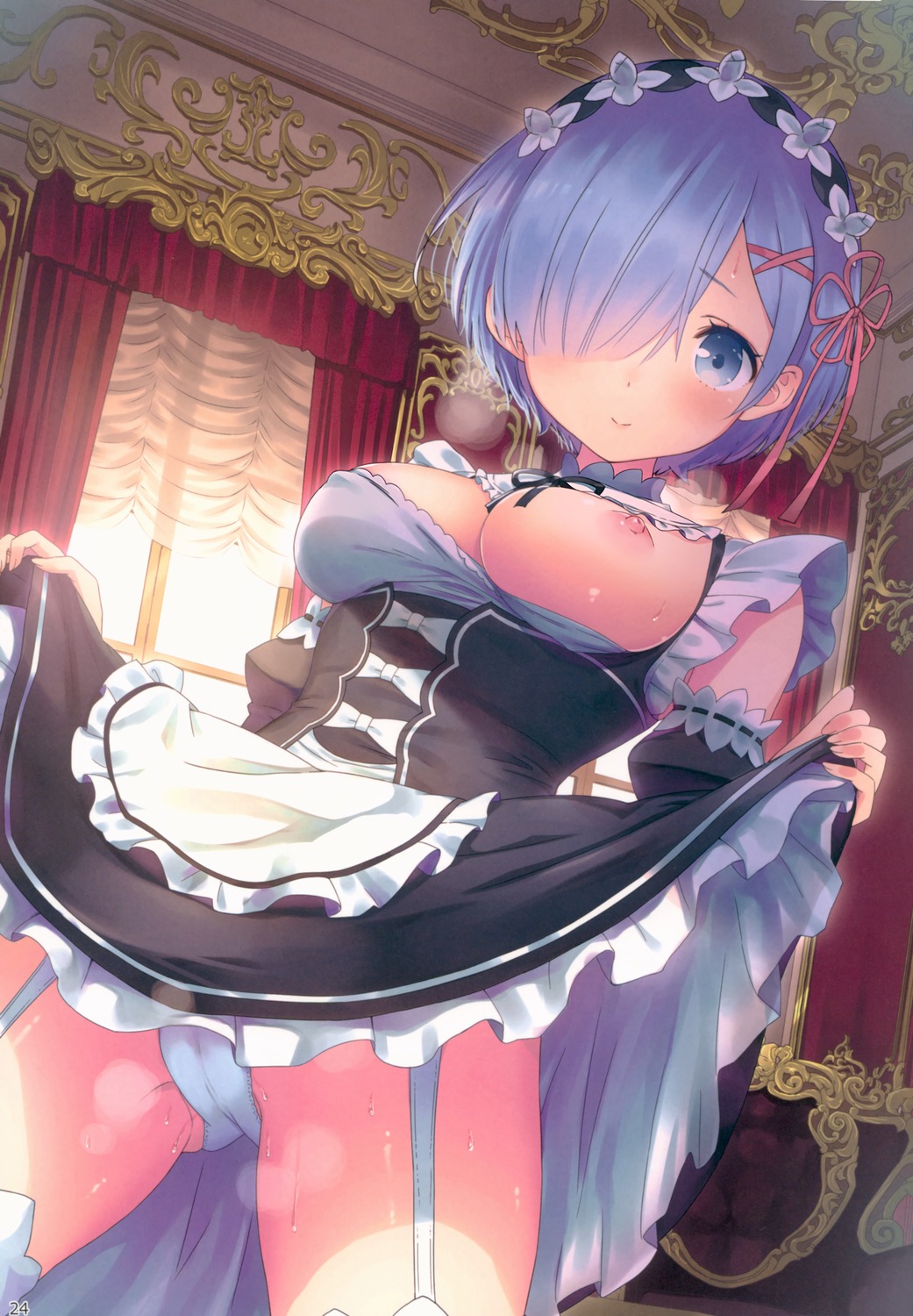1girls, blue eyes, blue hair, blush, breasts, detailed background, dress, dress lift, eyebrows visible through hair, female, garter belt, garter straps, ggt2938, hair over one eye, hair ribbon, looking at viewer, maid, maid headdress, maid uniform, medium breasts, nipples, one breast out, panties, re:zero kara hajimeru isekai seikatsu, rem (re:zero), short hair, skirt, skirt lift, smile, smiling, solo, steam, sweat, thighhighs